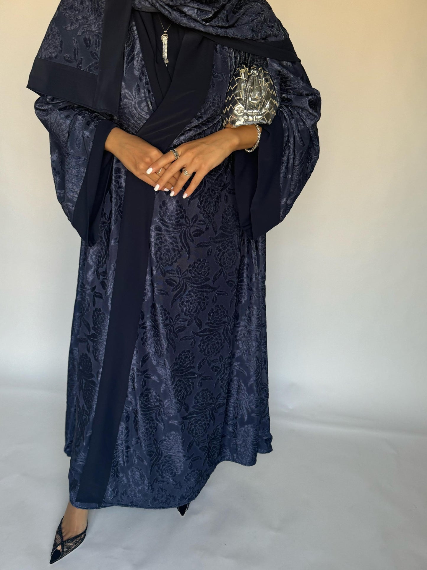 A295 - Blue Velvet Pattern A-Cut Abaya & Velvet Head Scarf