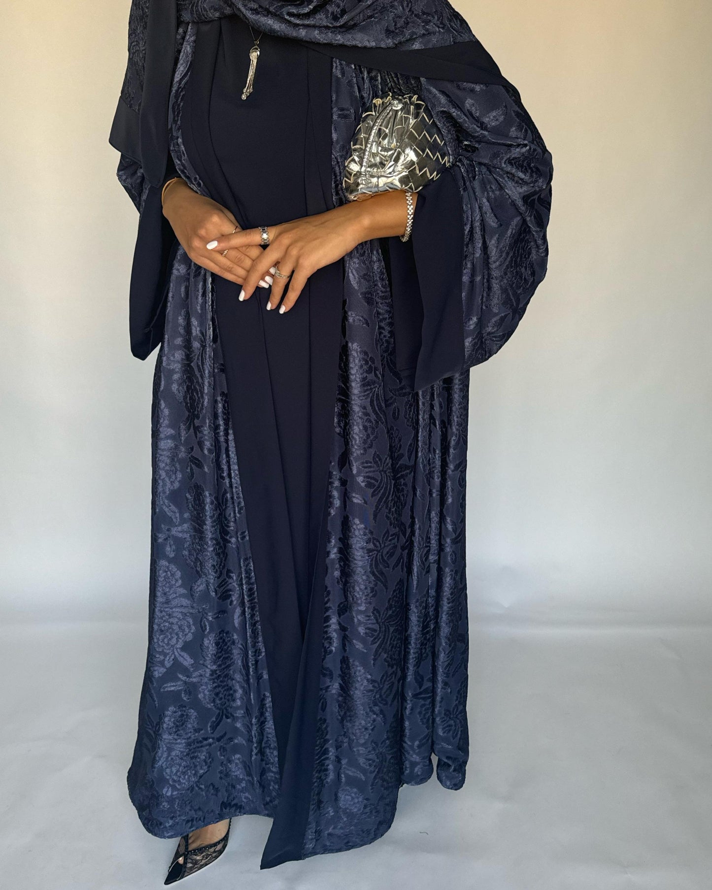 A295 - Blue Velvet Pattern A-Cut Abaya & Velvet Head Scarf