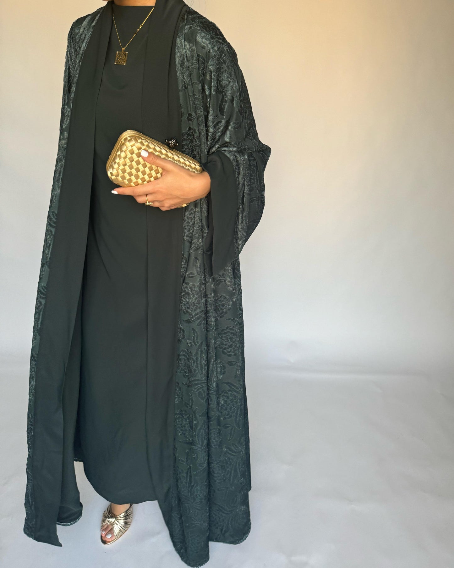 A296 - Green Velvet Pattern A-Cut Abaya & Velvet Head Scarf