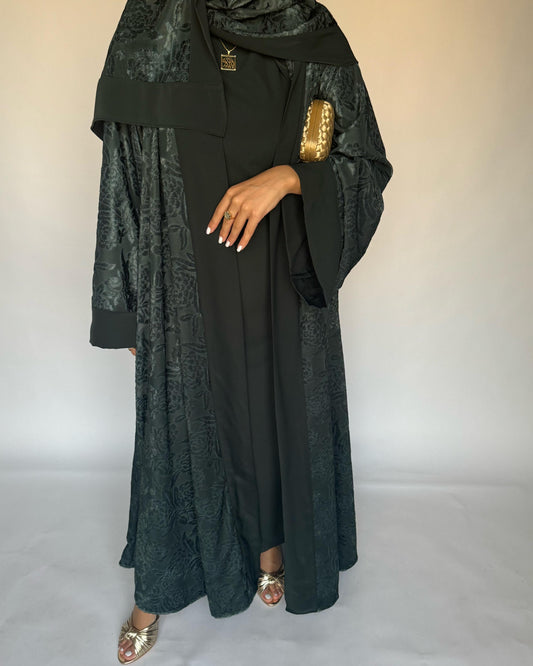 A296 - Green Velvet Pattern A-Cut Abaya & Velvet Head Scarf