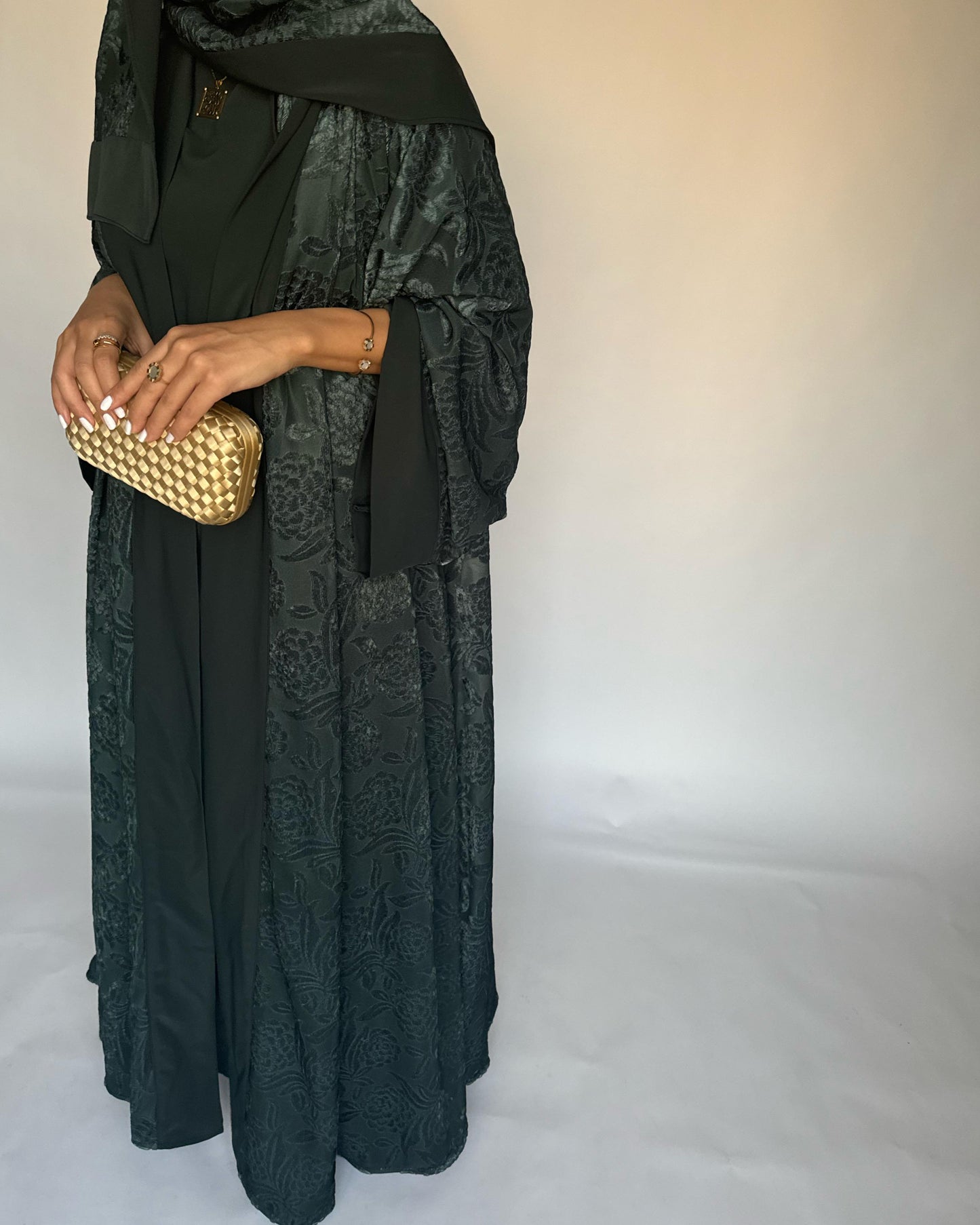 A296 - Green Velvet Pattern A-Cut Abaya & Velvet Head Scarf