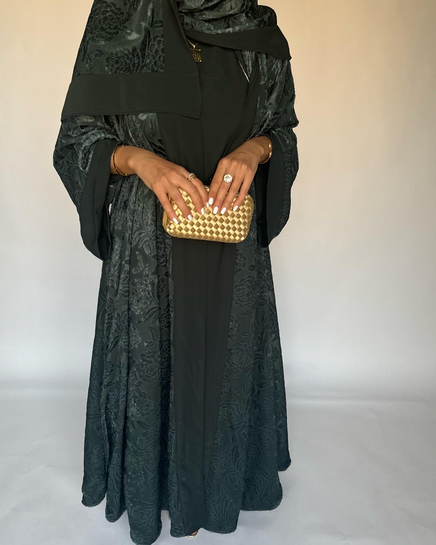 A296 - Green Velvet Pattern A-Cut Abaya & Velvet Head Scarf