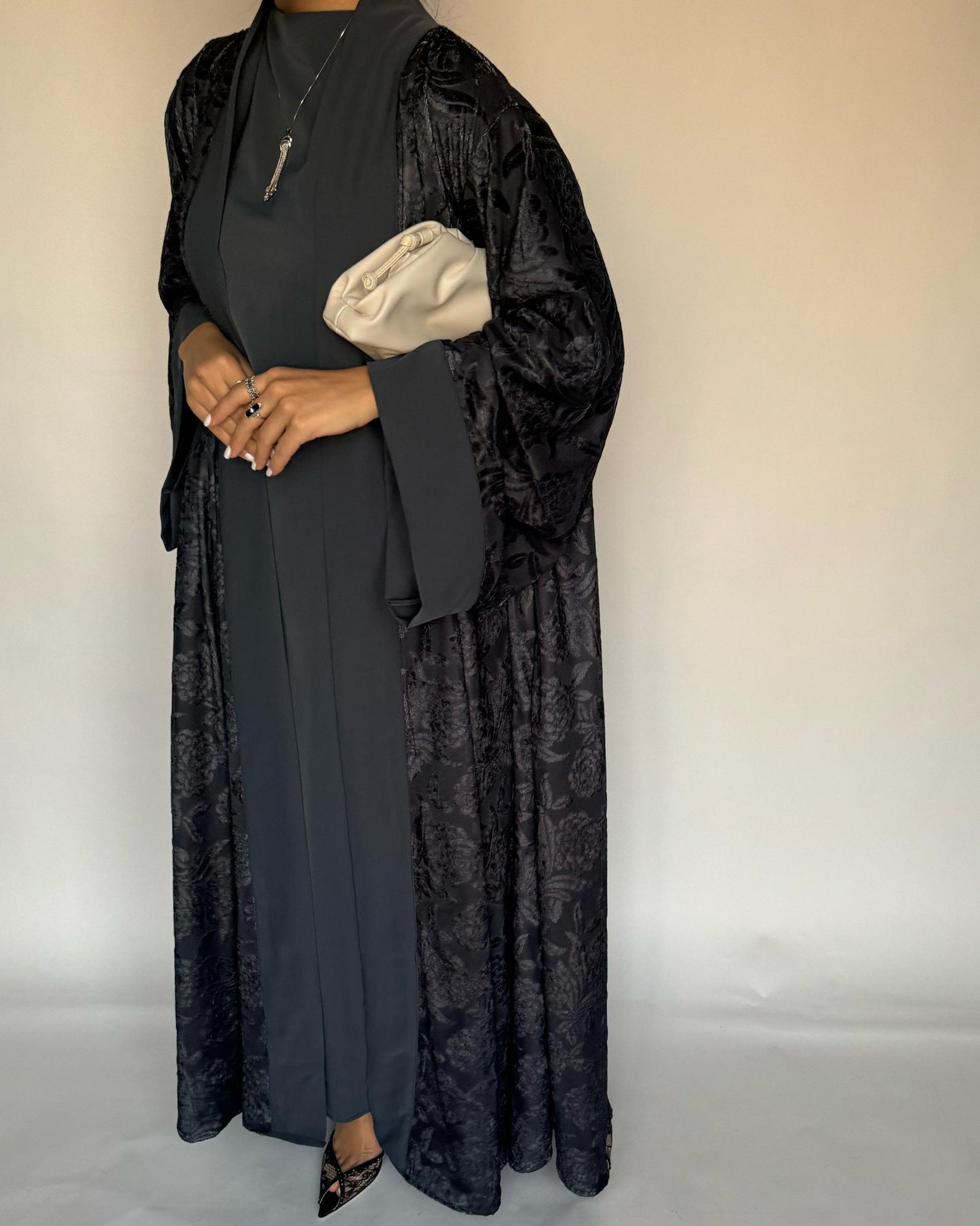 A297 - Grey Velvet Pattern A-Cut Abaya & Velvet Head Scarf