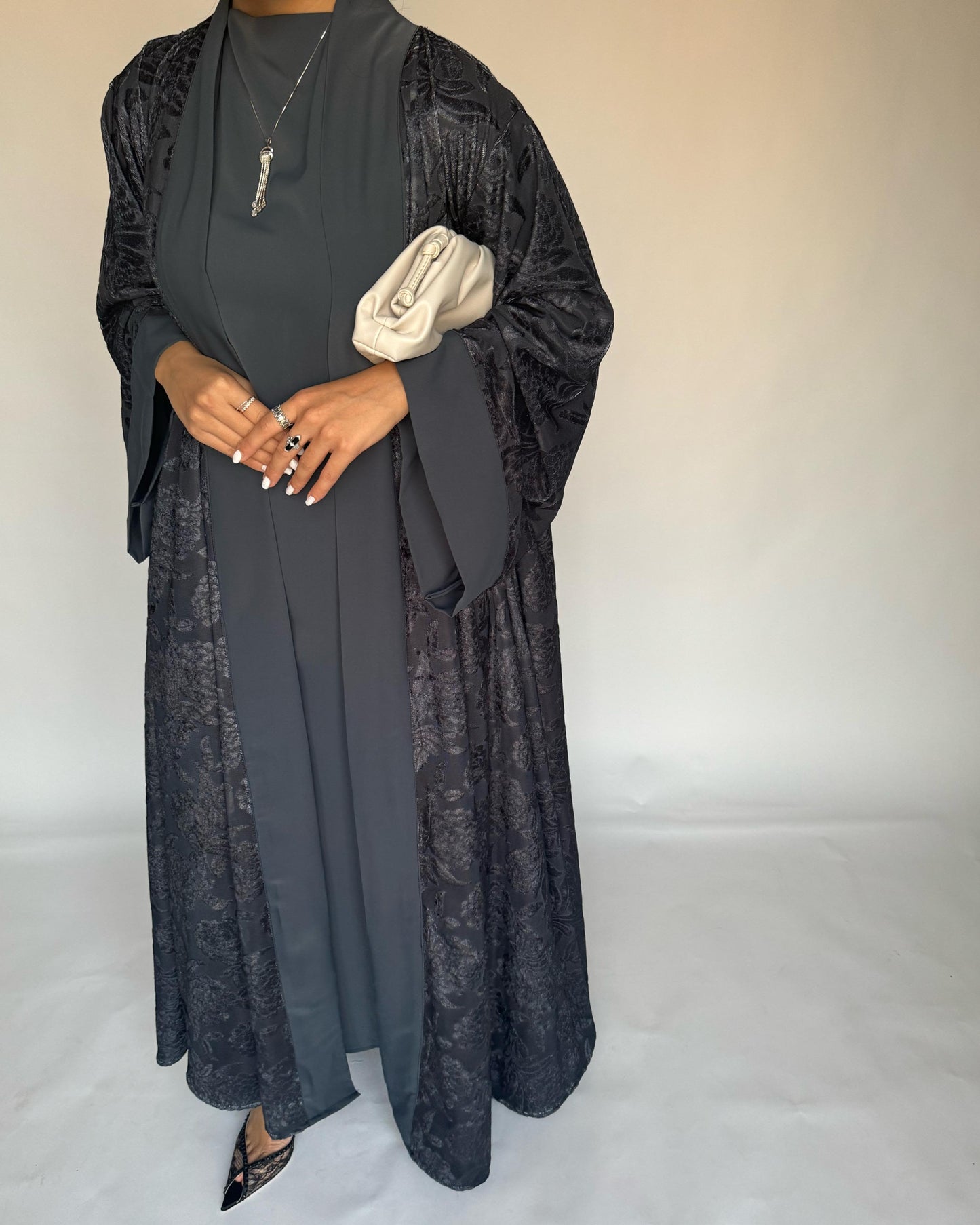 A297 - Grey Velvet Pattern A-Cut Abaya & Velvet Head Scarf