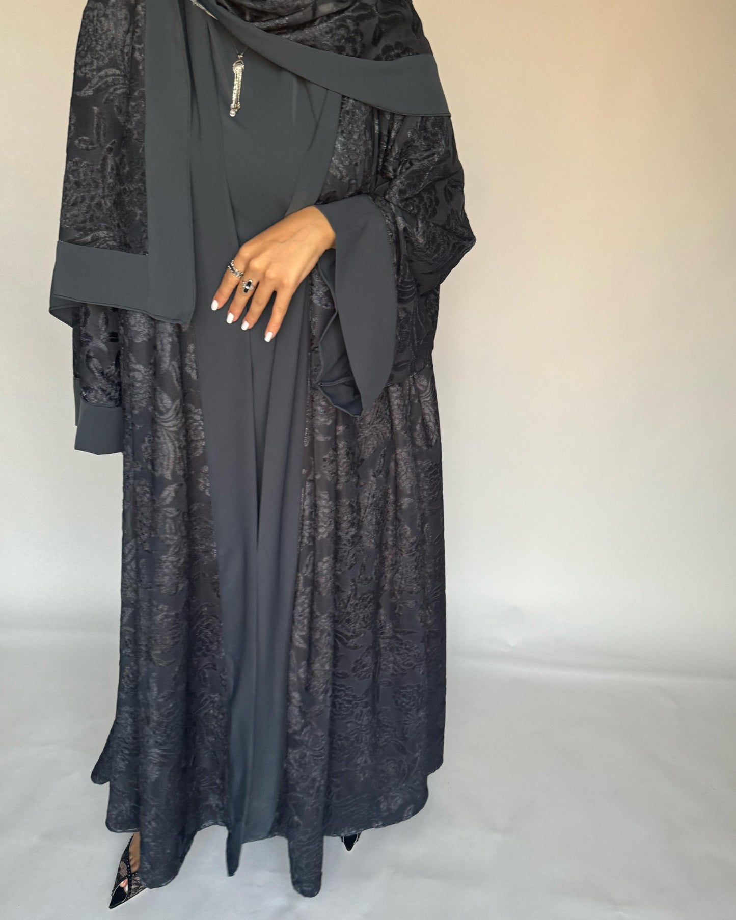 A297 - Grey Velvet Pattern A-Cut Abaya & Velvet Head Scarf