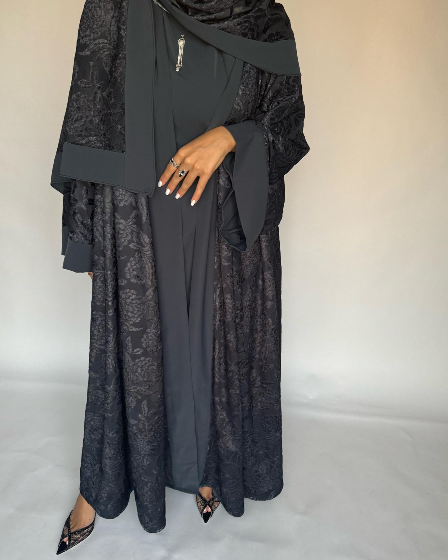 A297 - Grey Velvet Pattern A-Cut Abaya & Velvet Head Scarf