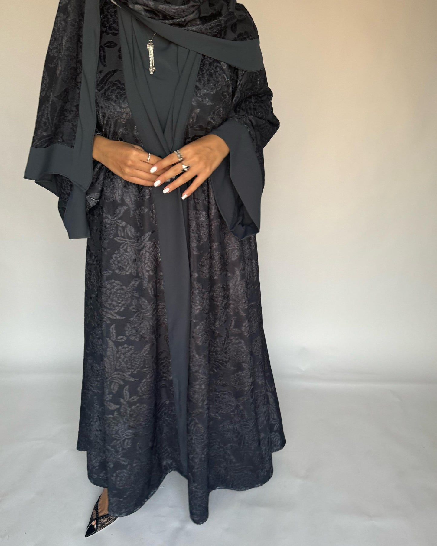 A297 - Grey Velvet Pattern A-Cut Abaya & Velvet Head Scarf