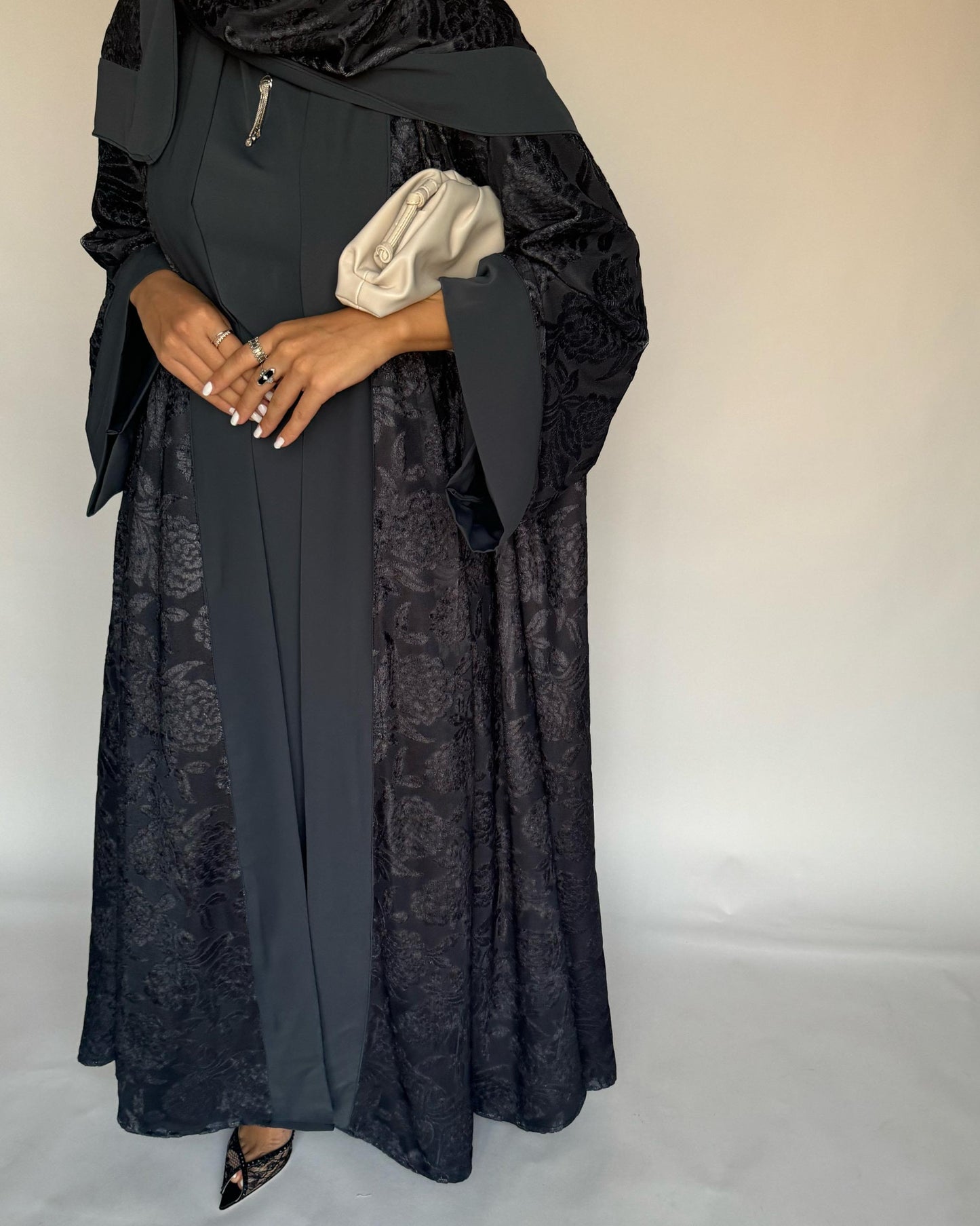 A297 - Grey Velvet Pattern A-Cut Abaya & Velvet Head Scarf