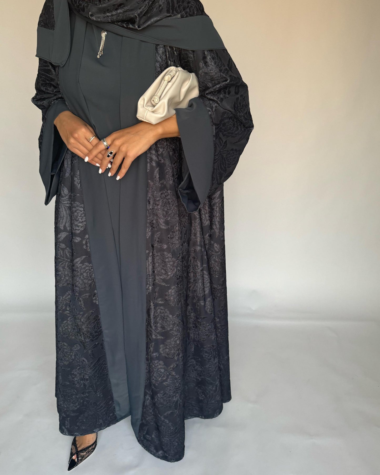 A297 - Grey Velvet Pattern A-Cut Abaya & Velvet Head Scarf