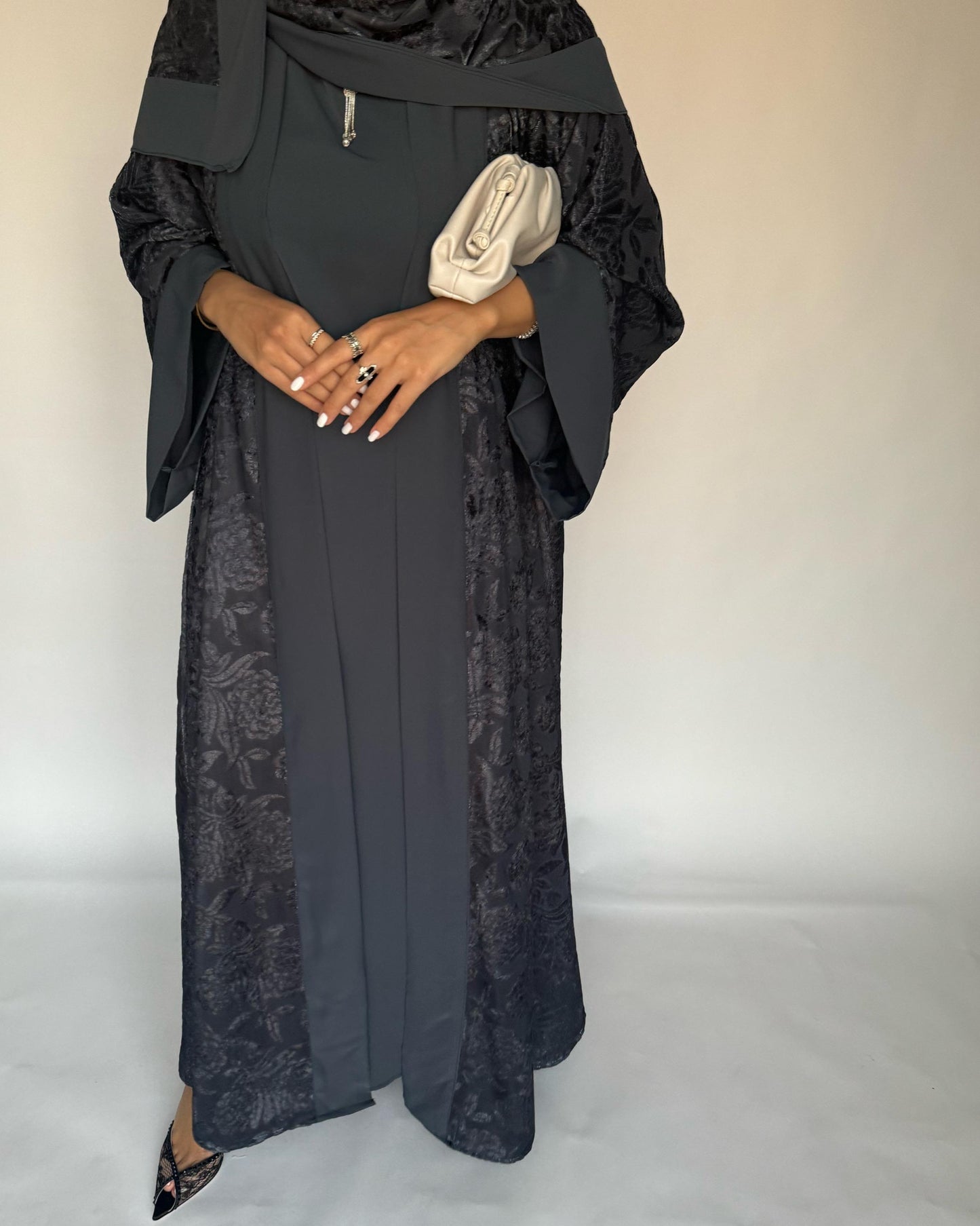 A297 - Grey Velvet Pattern A-Cut Abaya & Velvet Head Scarf