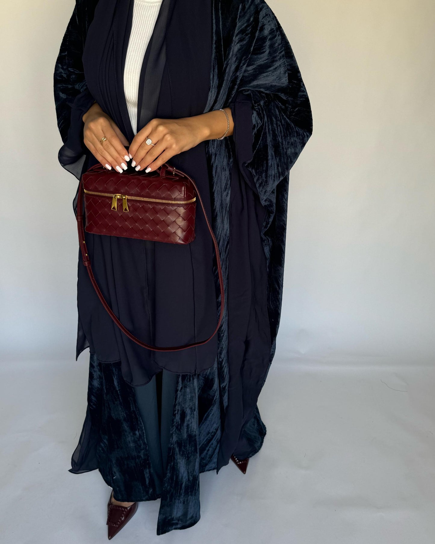 A300 - Navy Blue Velvet Bisht Cut Abaya