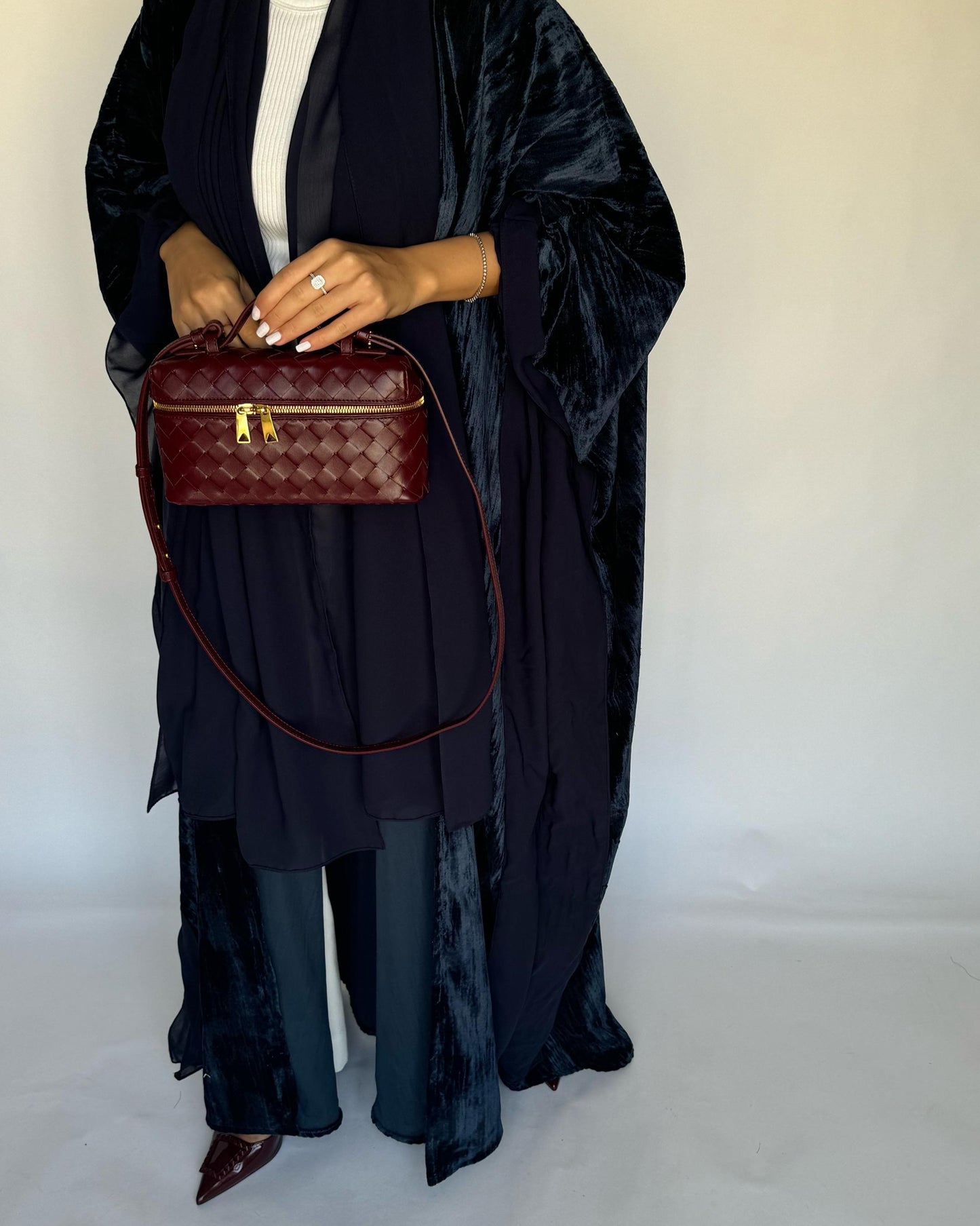 A300 - Navy Blue Velvet Bisht Cut Abaya