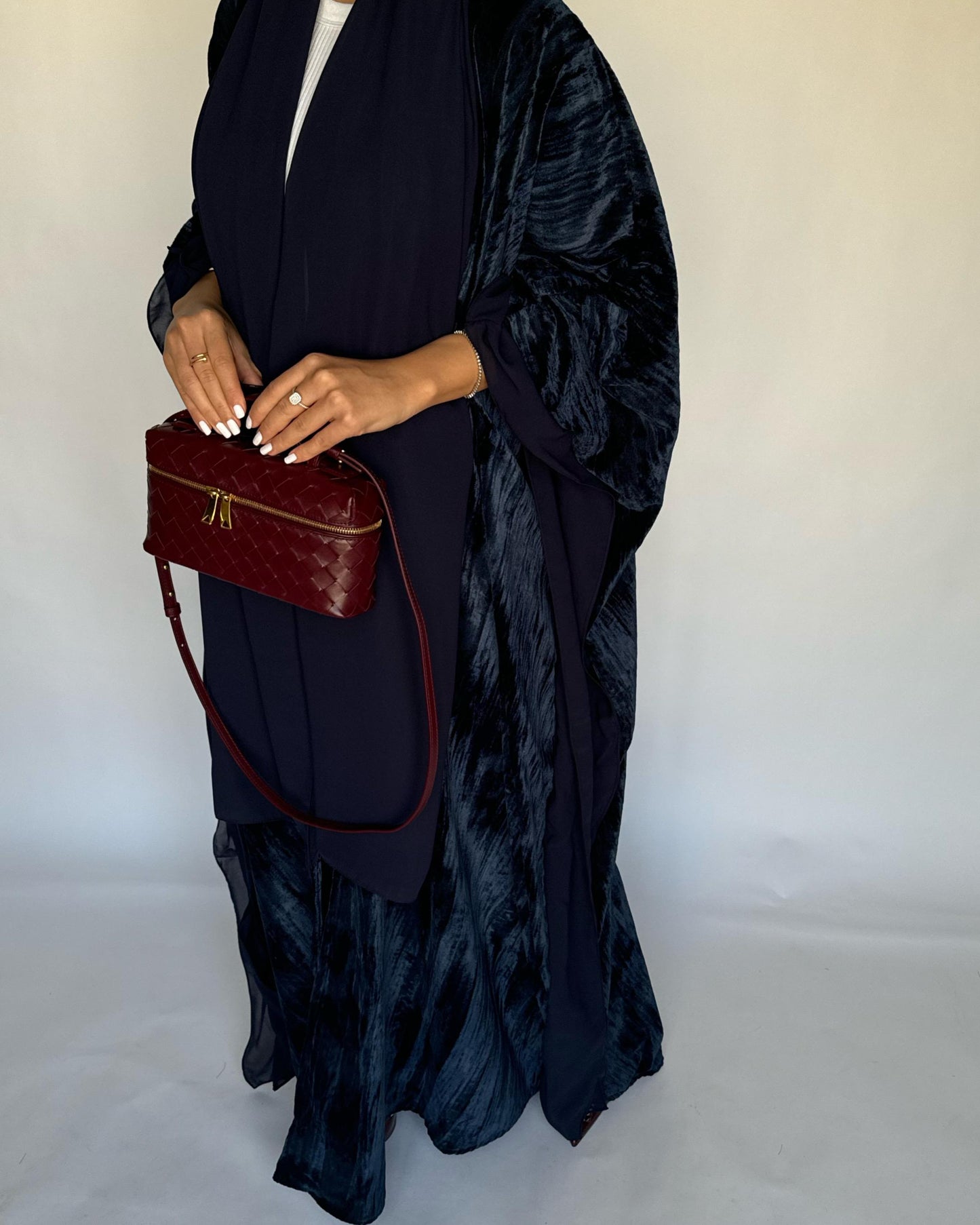 A300 - Navy Blue Velvet Bisht Cut Abaya