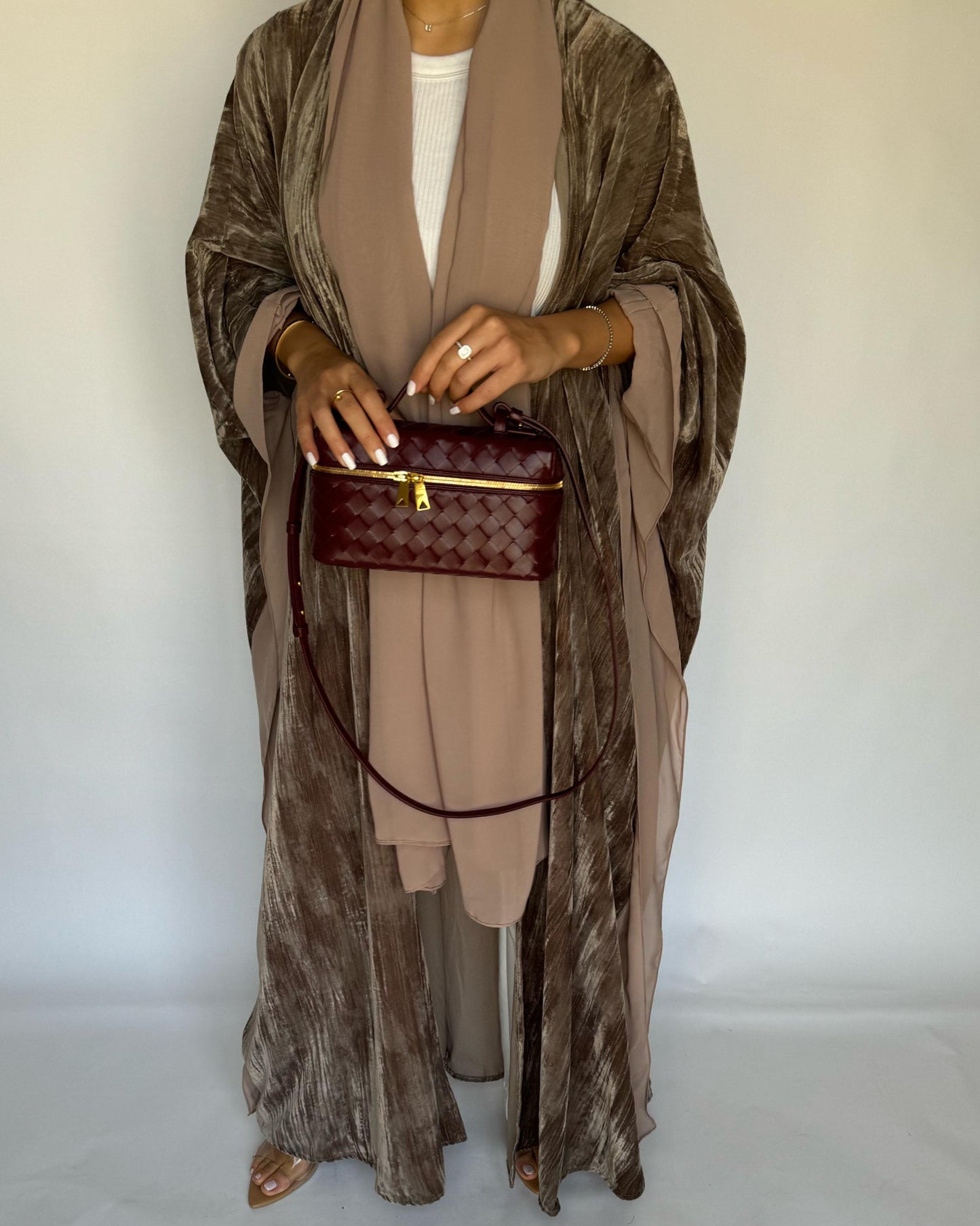 A302 - Beige Velvet Bisht Cut Abaya