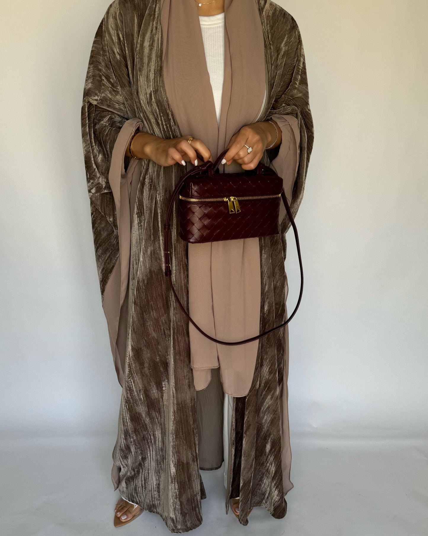 A302 - Beige Velvet Bisht Cut Abaya