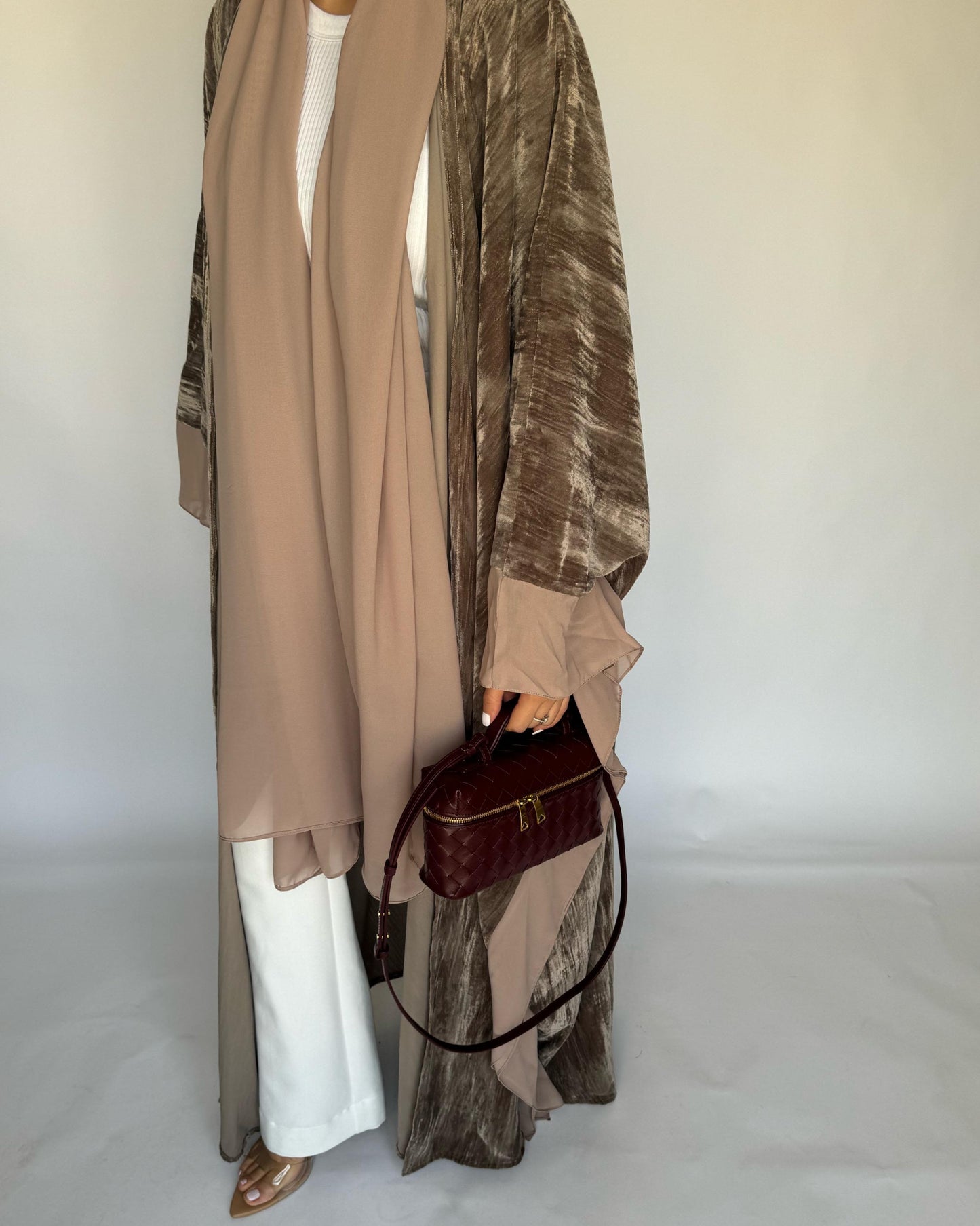 A302 - Beige Velvet Bisht Cut Abaya