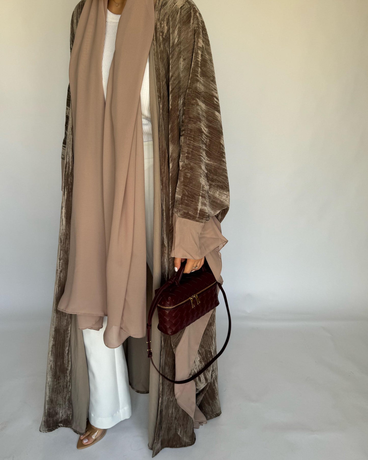 A302 - Beige Velvet Bisht Cut Abaya