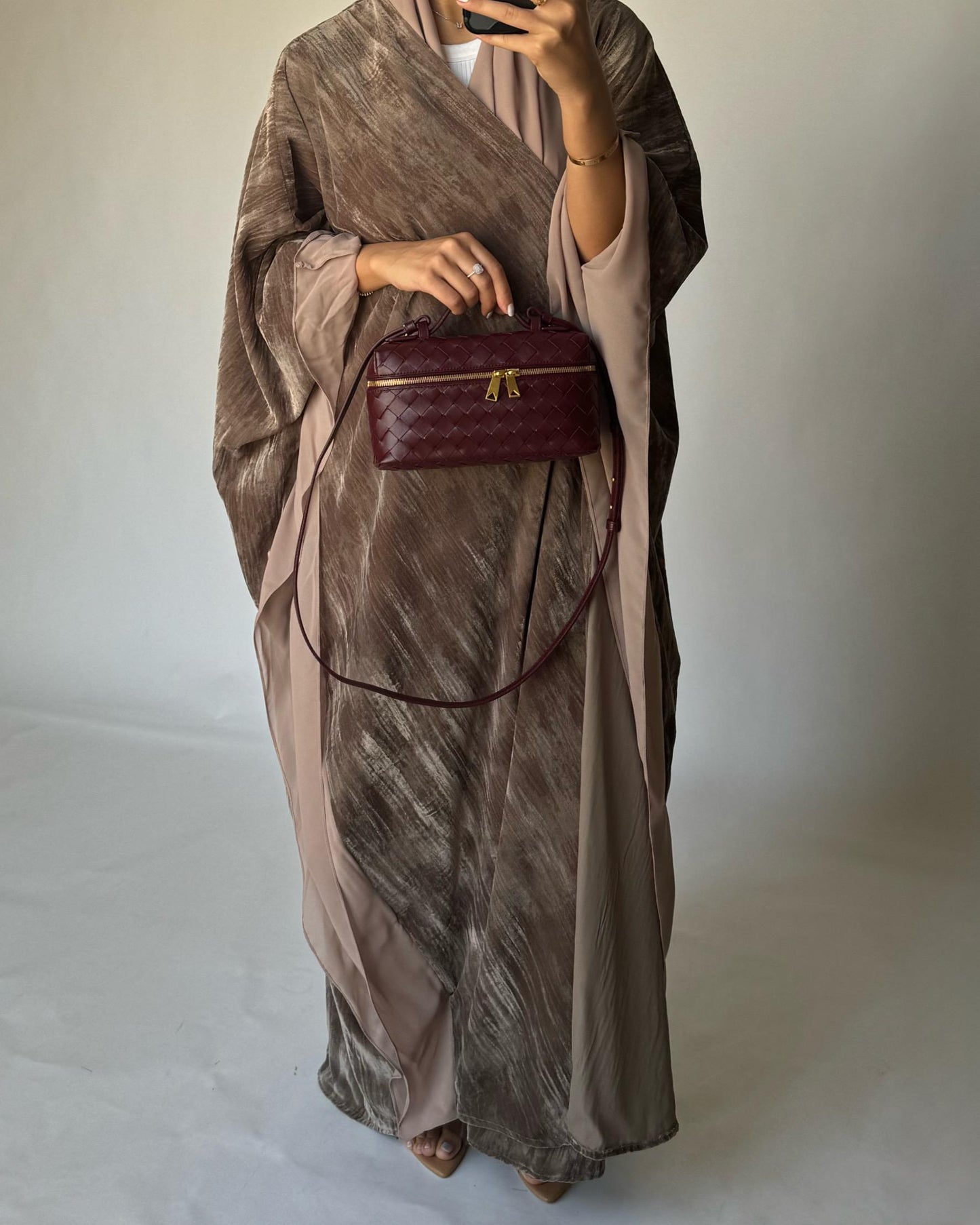 A302 - Beige Velvet Bisht Cut Abaya