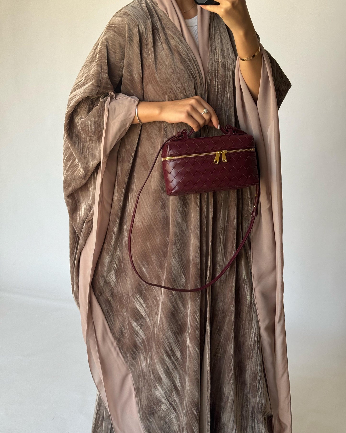 A302 - Beige Velvet Bisht Cut Abaya