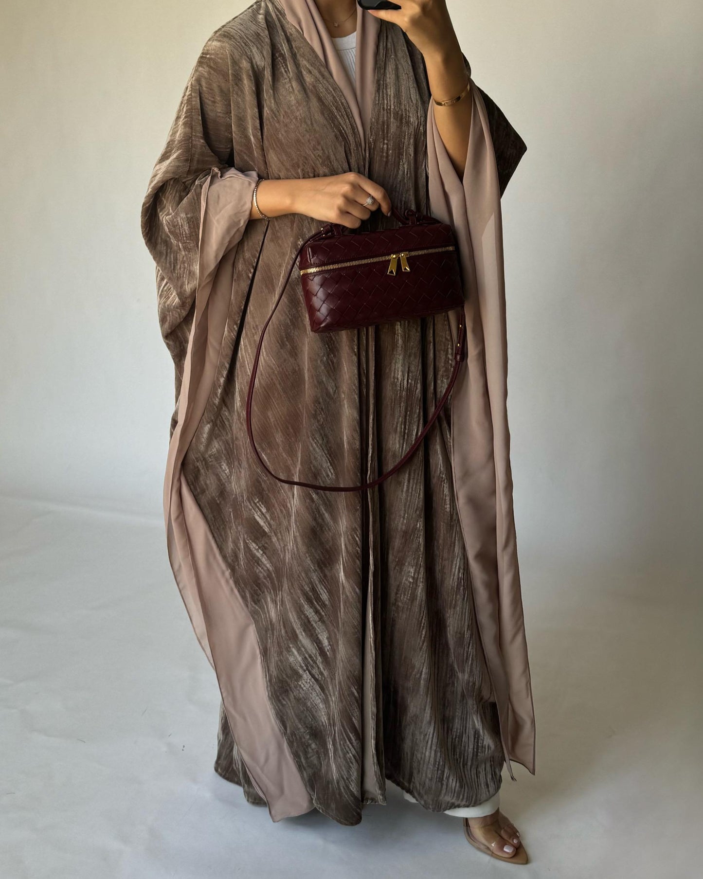 A302 - Beige Velvet Bisht Cut Abaya