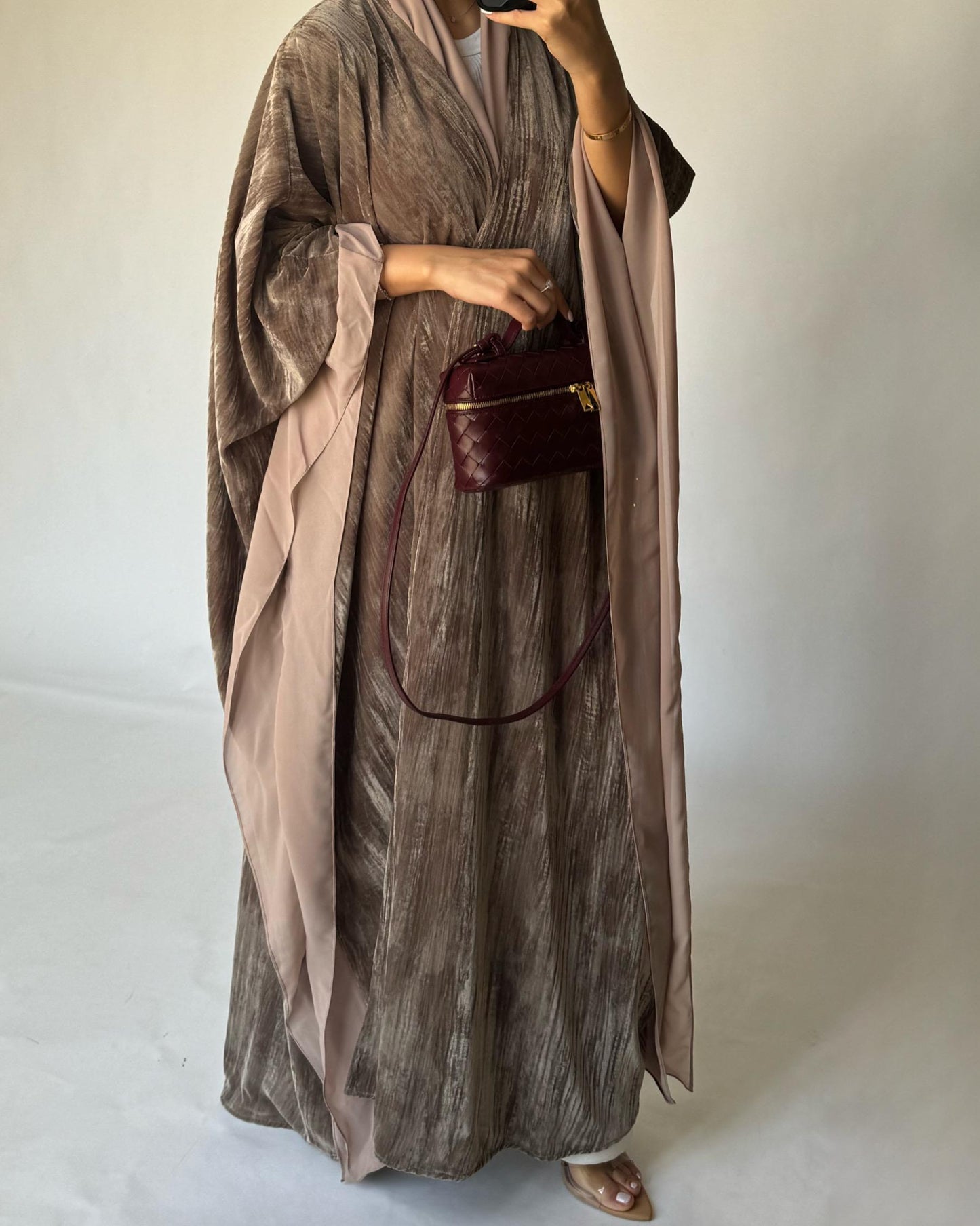 A302 - Beige Velvet Bisht Cut Abaya