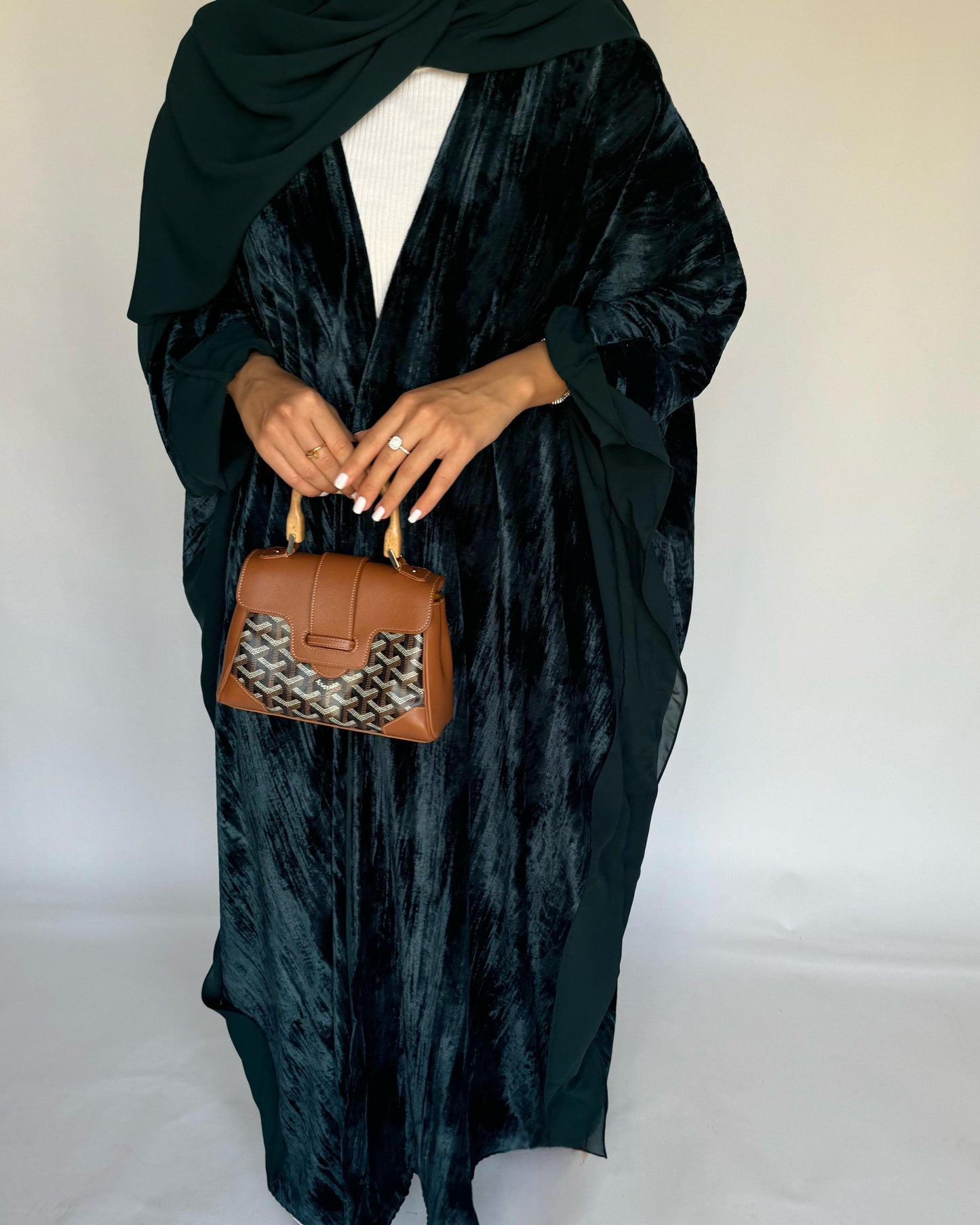 A301 - Green Velvet Bisht Cut Abaya