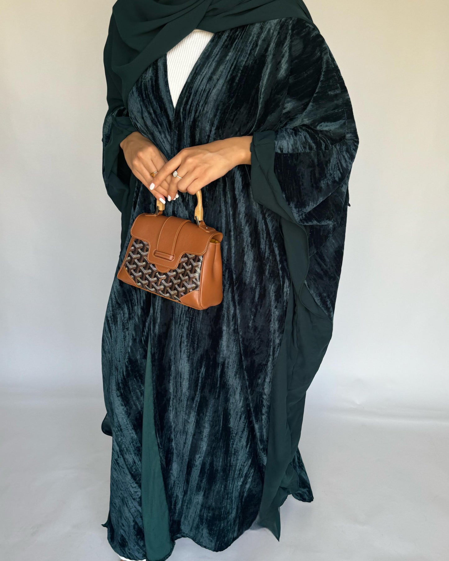 A301 - Green Velvet Bisht Cut Abaya