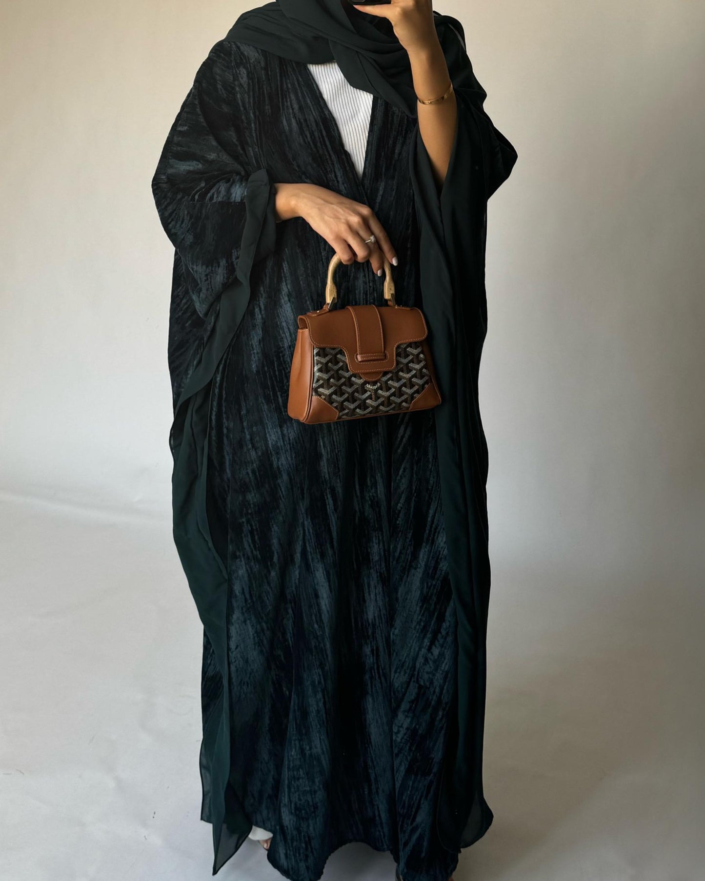 A301 - Green Velvet Bisht Cut Abaya