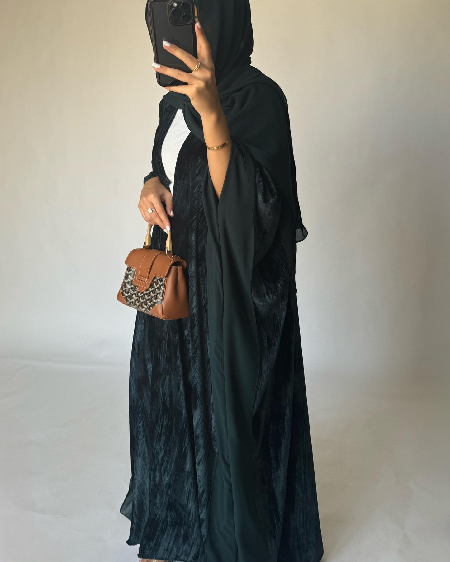 A301 - Green Velvet Bisht Cut Abaya