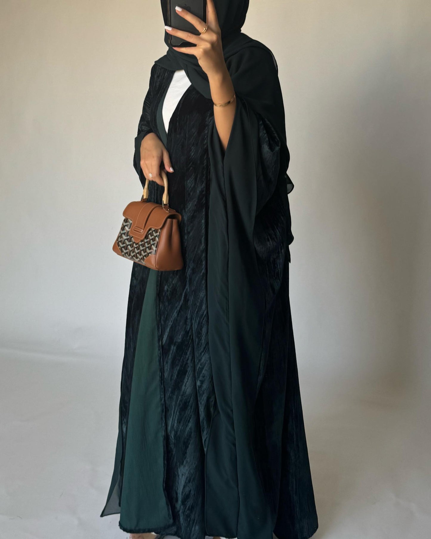 A301 - Green Velvet Bisht Cut Abaya