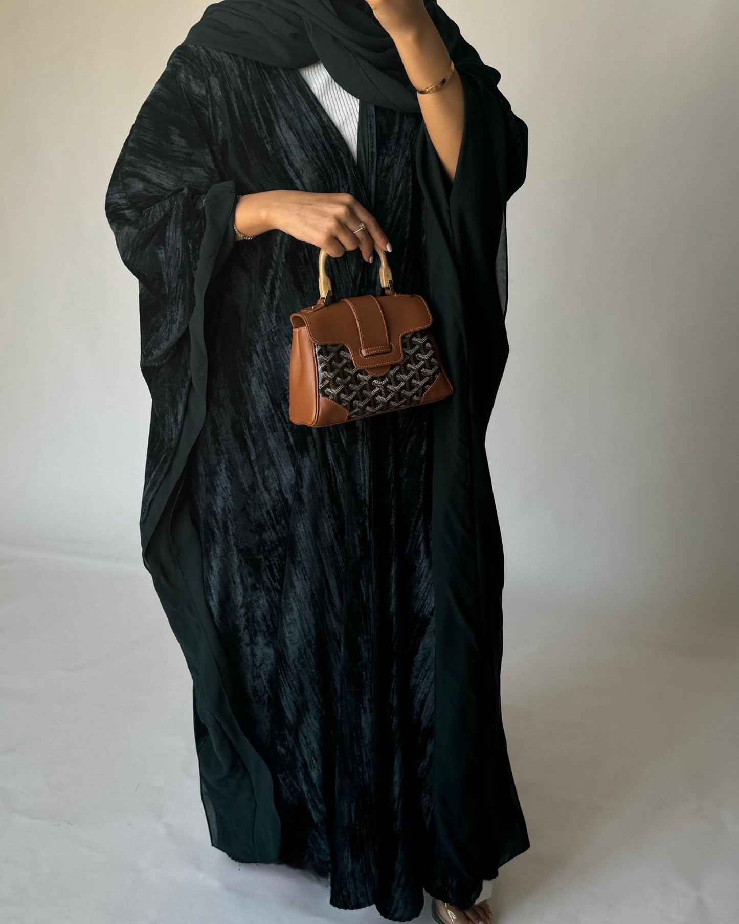 A301 - Green Velvet Bisht Cut Abaya