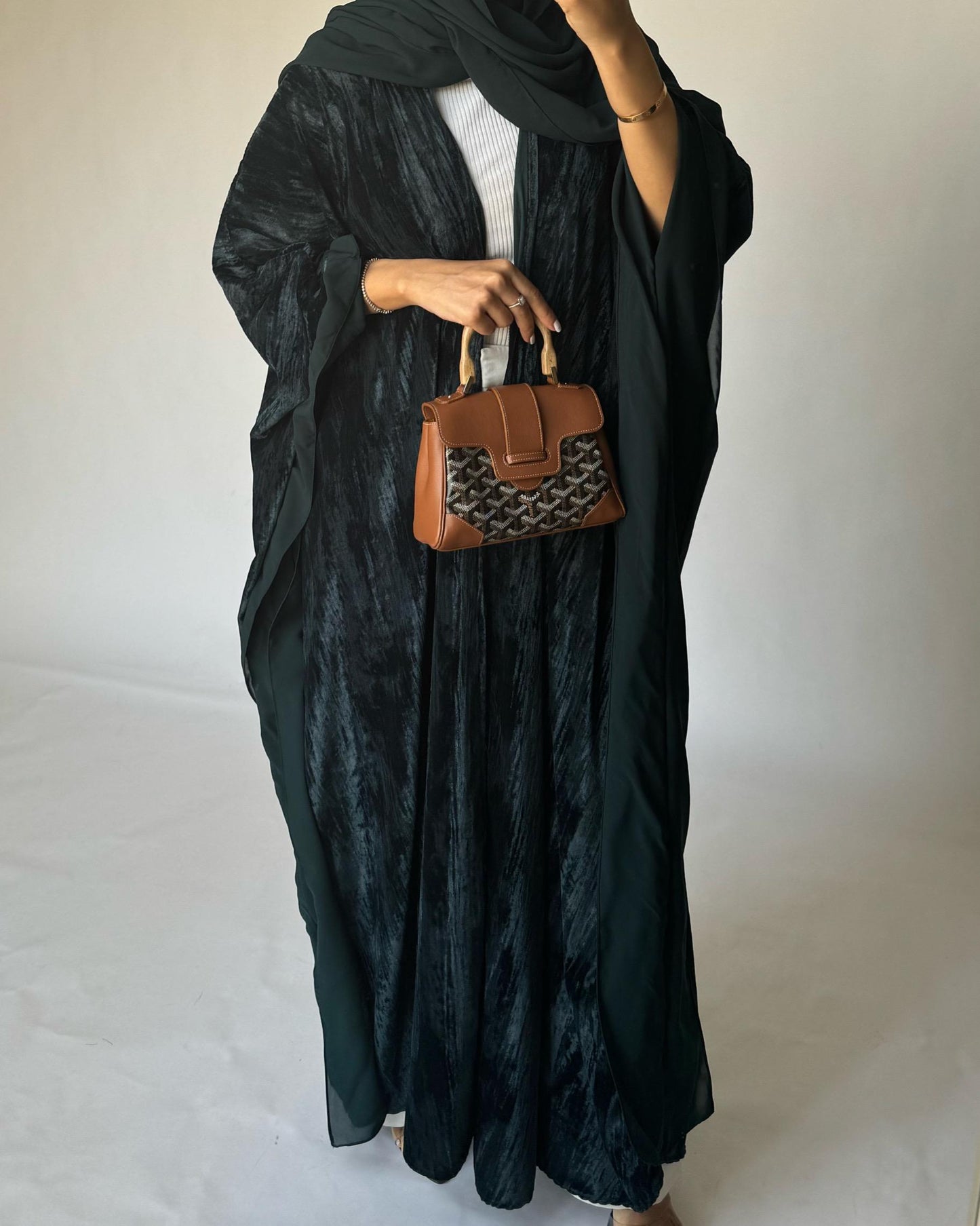 A301 - Green Velvet Bisht Cut Abaya