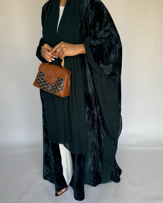 A301 - Green Velvet Bisht Cut Abaya