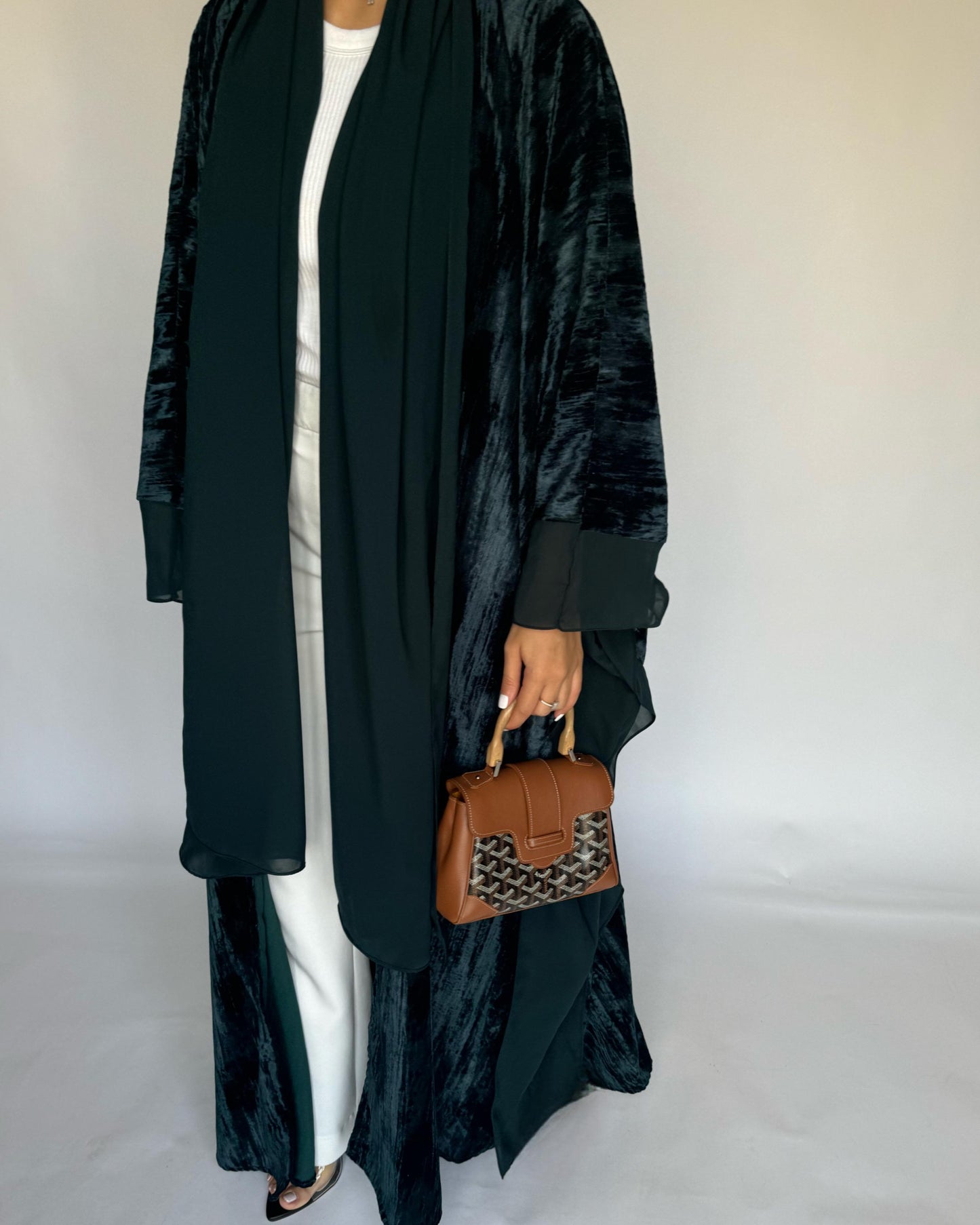 A301 - Green Velvet Bisht Cut Abaya