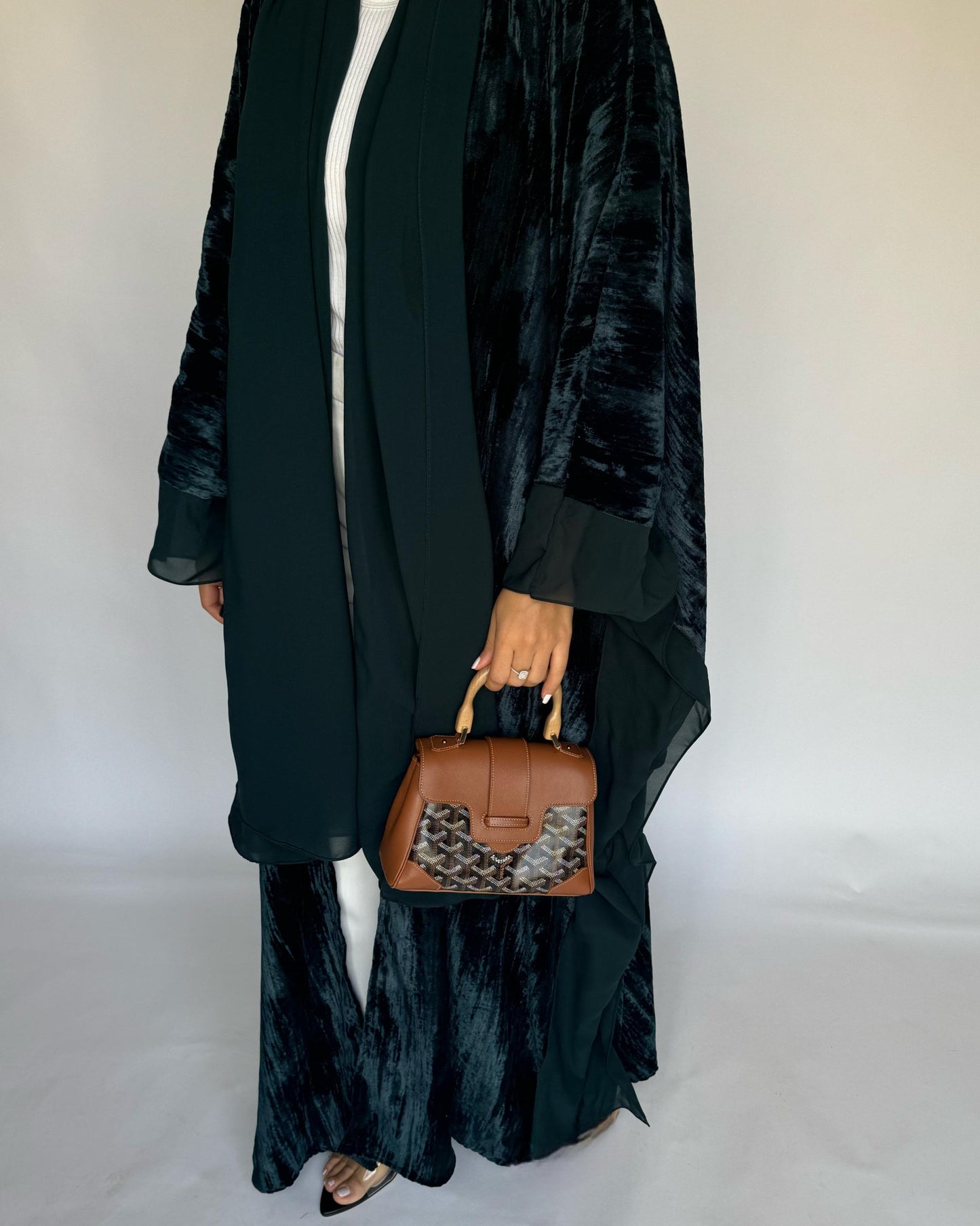 A301 - Green Velvet Bisht Cut Abaya