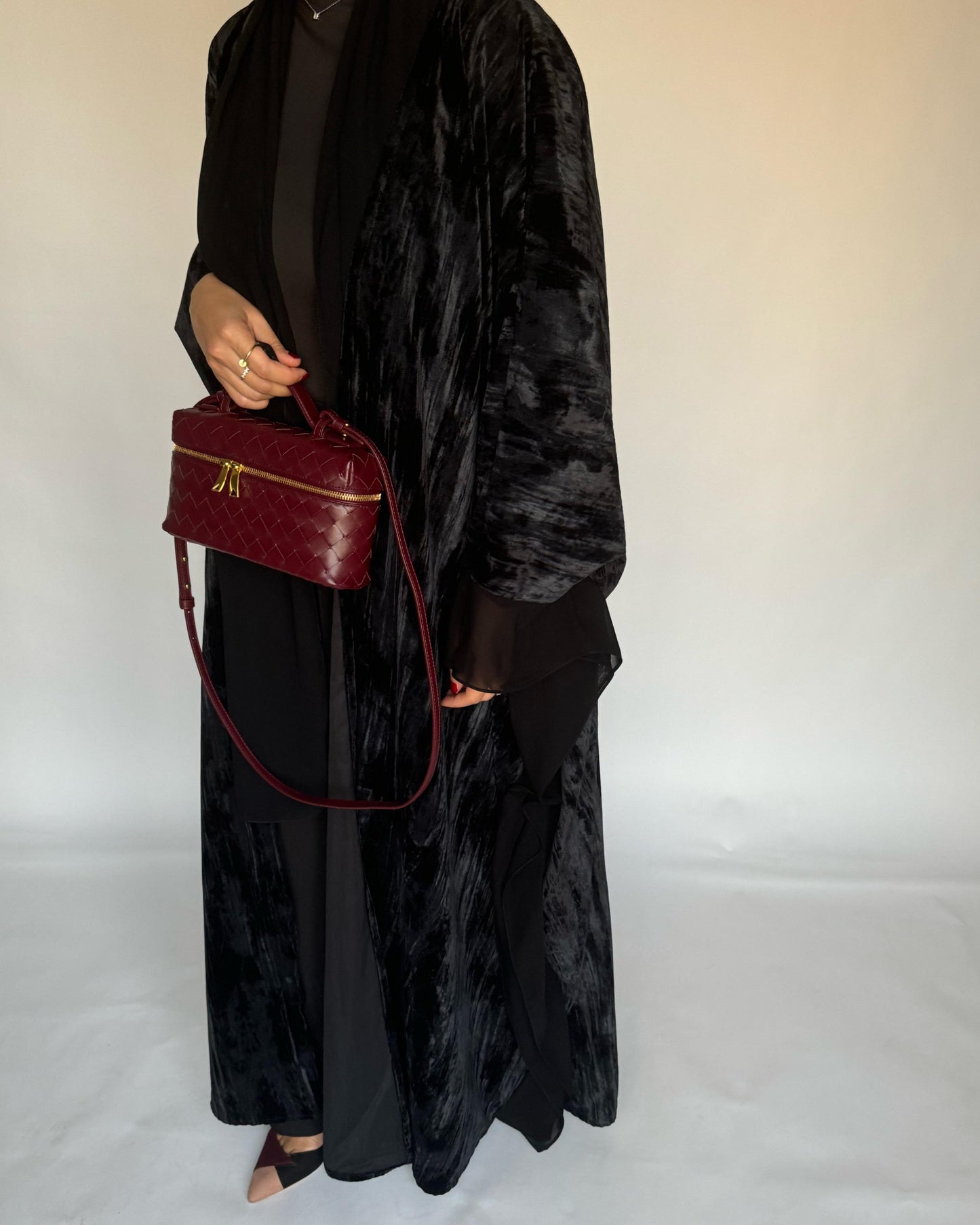 A298 - Black Velvet Bisht Cut Abaya