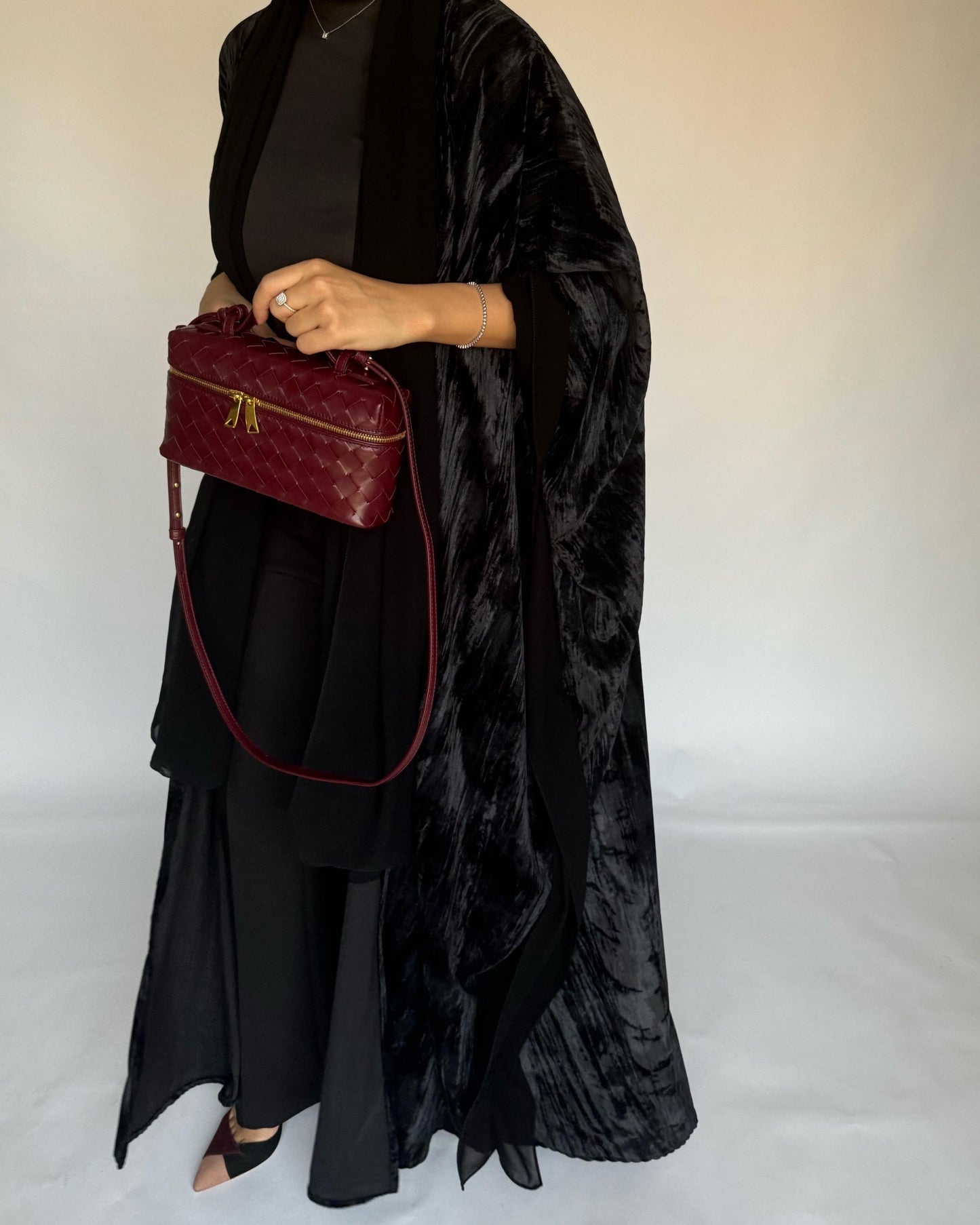 A298 - Black Velvet Bisht Cut Abaya