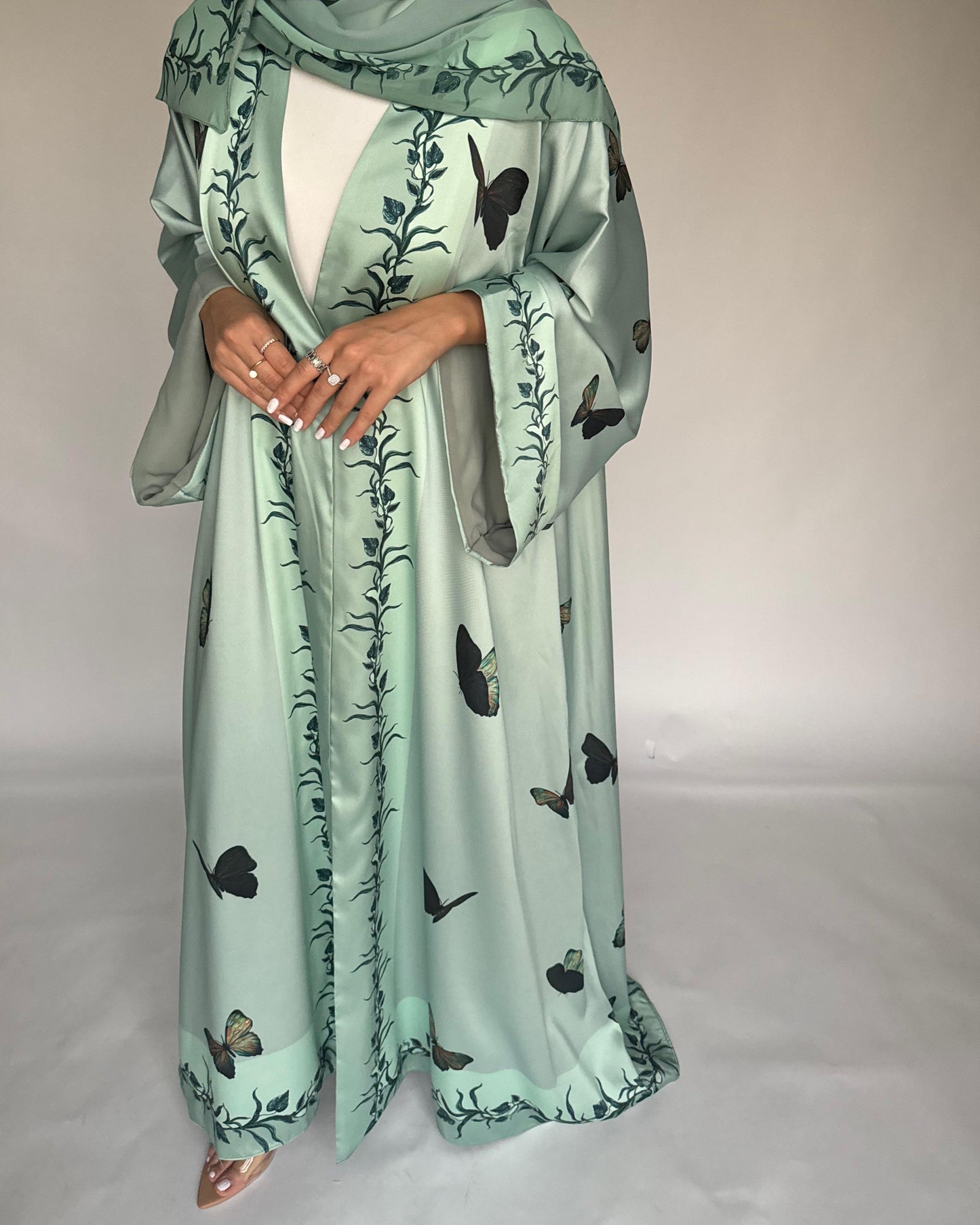 A311 - Mint Green Butterfly A-Cut Abaya