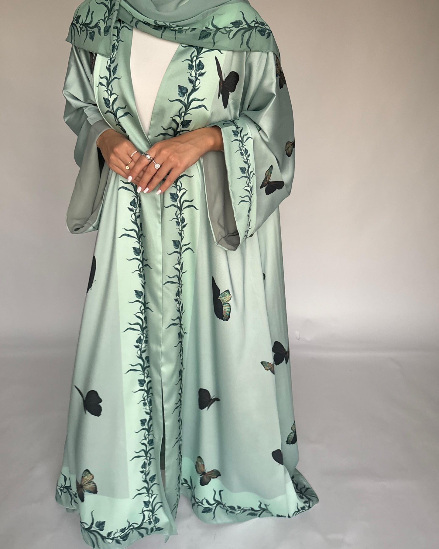 A311 - Mint Green Butterfly A-Cut Abaya