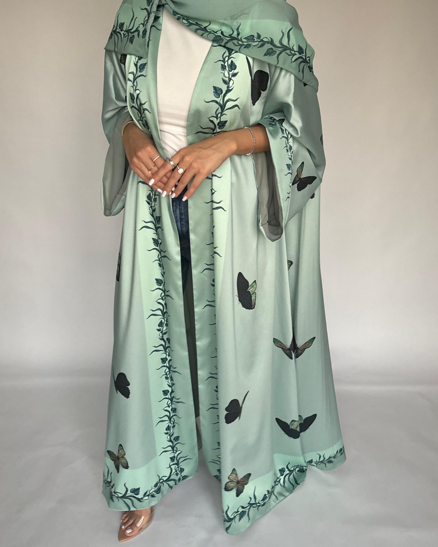 A311 - Mint Green Butterfly A-Cut Abaya