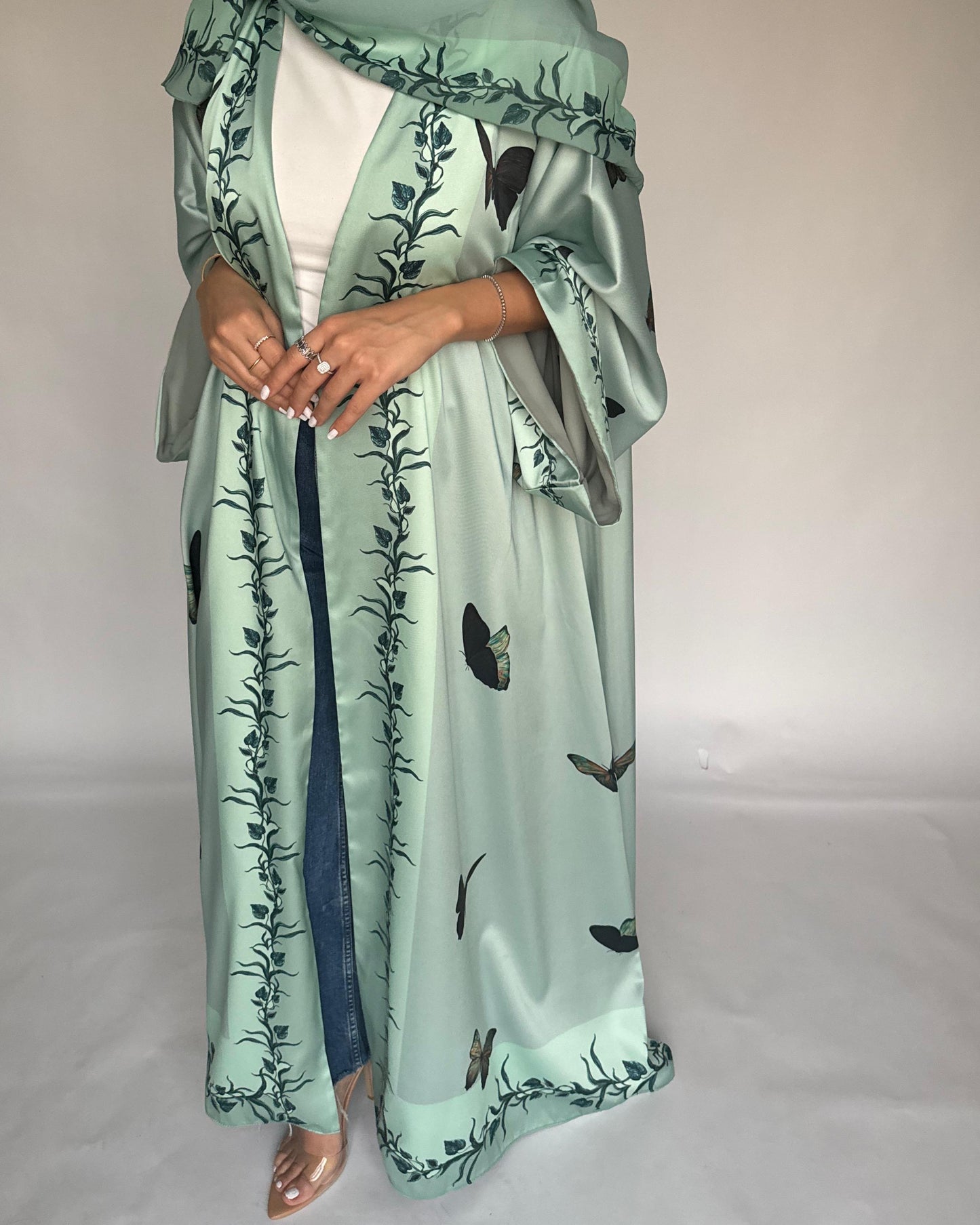 A311 - Mint Green Butterfly A-Cut Abaya