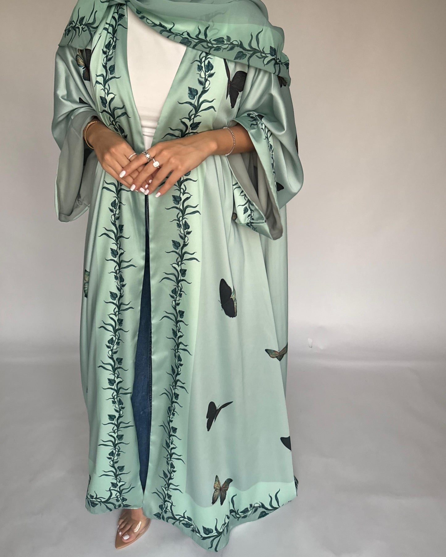 A311 - Mint Green Butterfly A-Cut Abaya