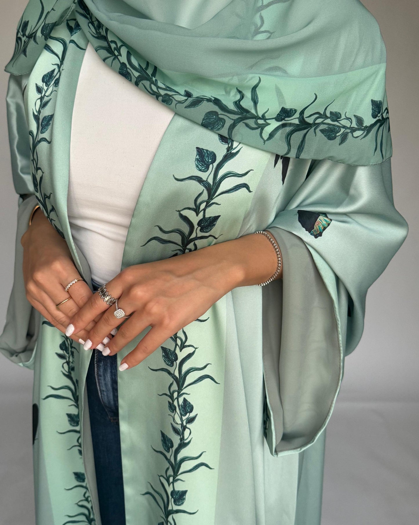 A311 - Mint Green Butterfly A-Cut Abaya