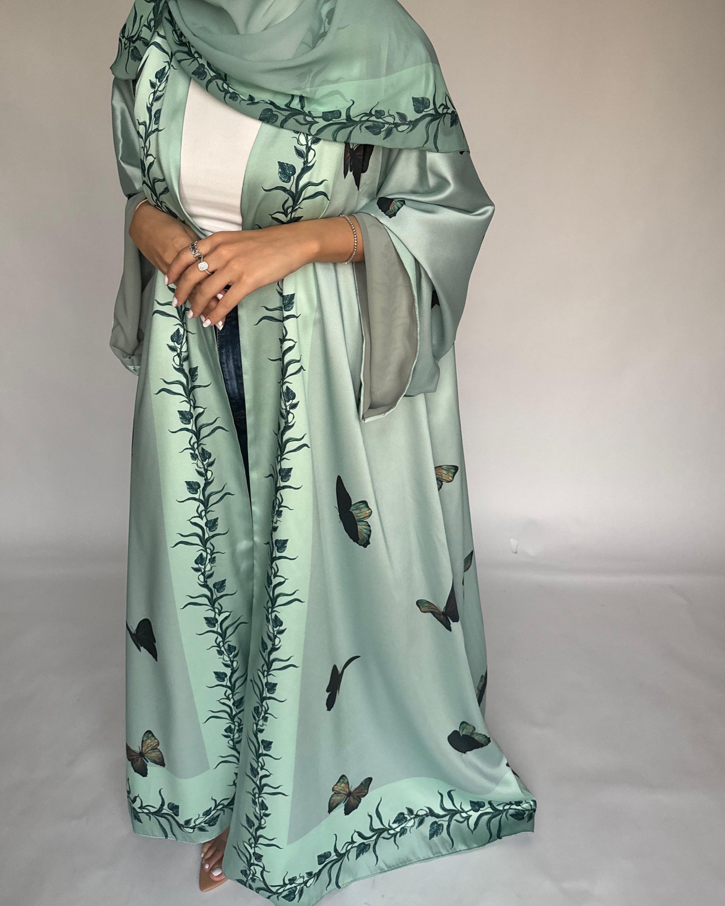 A311 - Mint Green Butterfly A-Cut Abaya