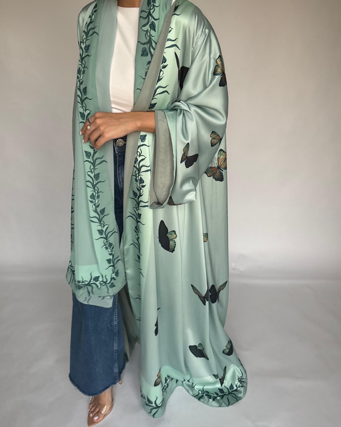 A311 - Mint Green Butterfly A-Cut Abaya