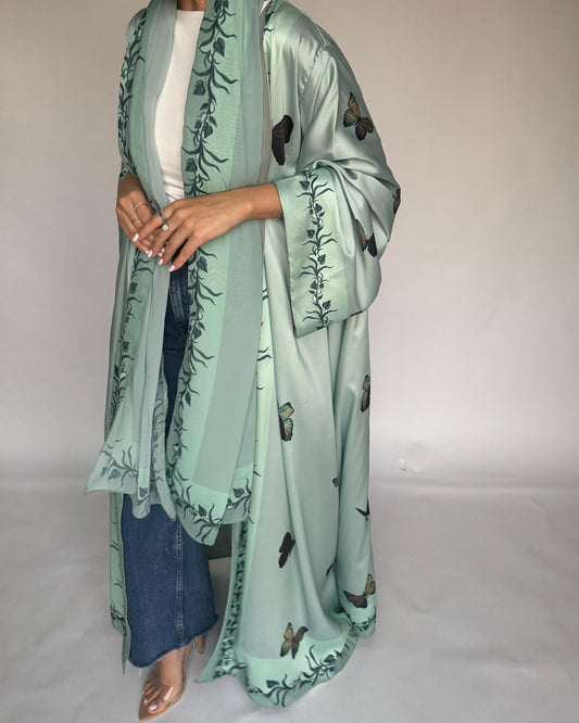 A311 - Mint Green Butterfly A-Cut Abaya