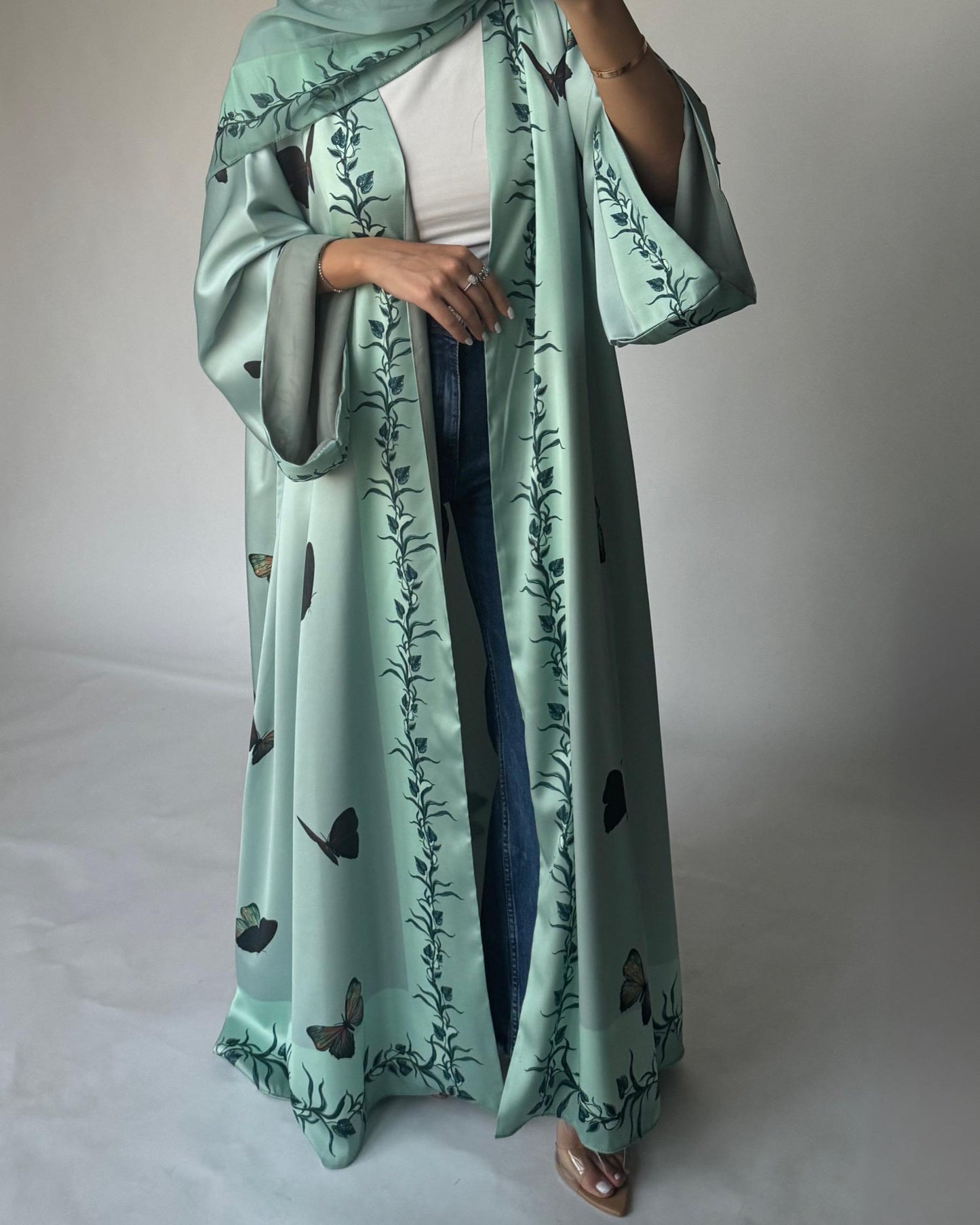 A311 - Mint Green Butterfly A-Cut Abaya