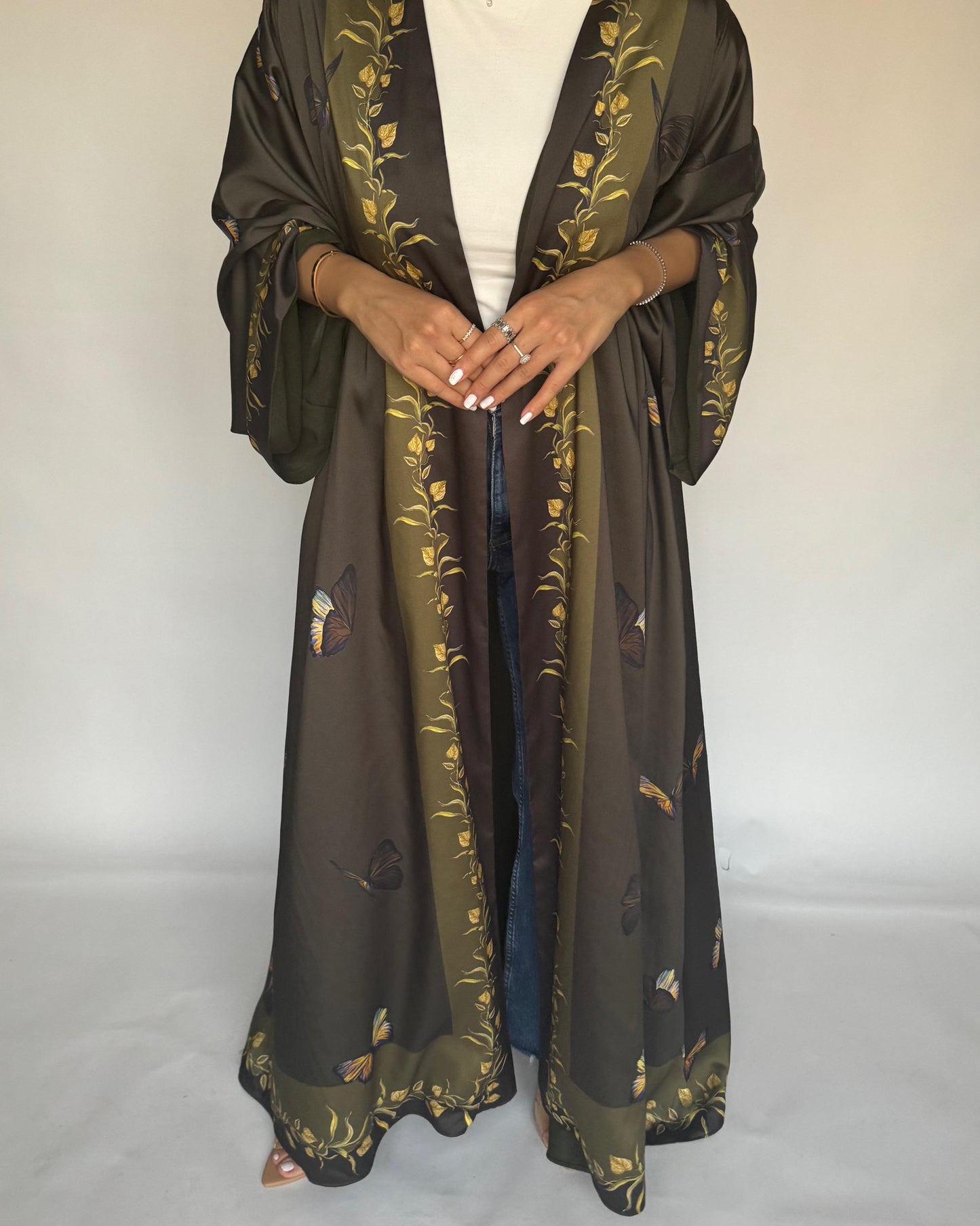 A310 - Olive Green Butterfly A-Cut Abaya