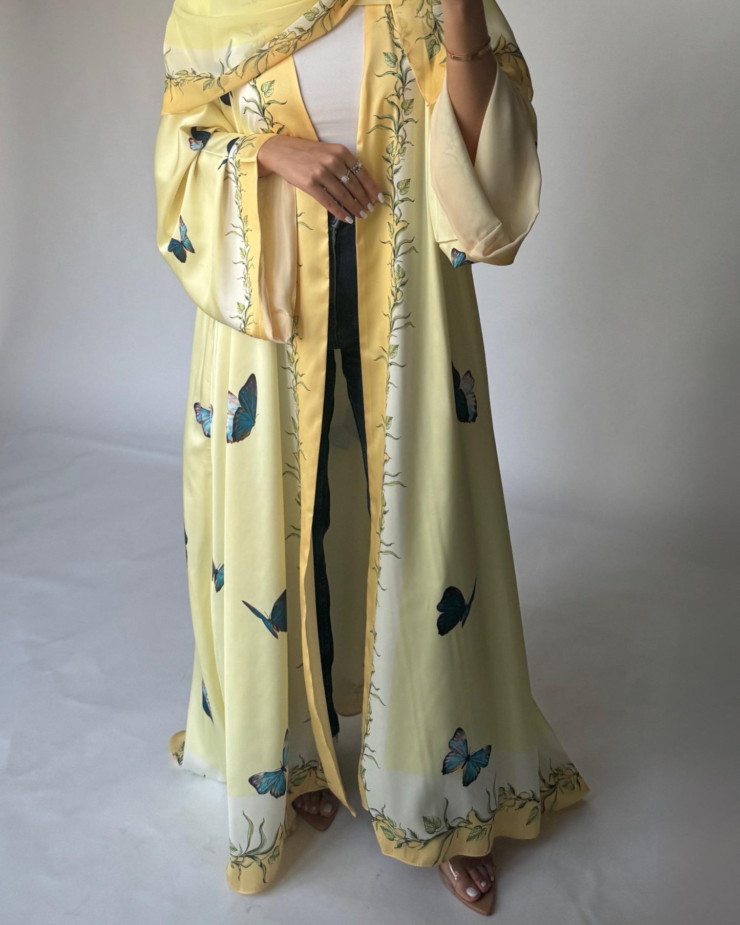 A312 - Yellow Butterfly A-Cut Abaya