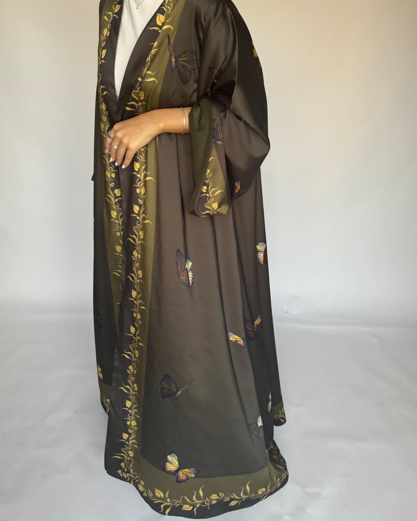 A310 - Olive Green Butterfly A-Cut Abaya